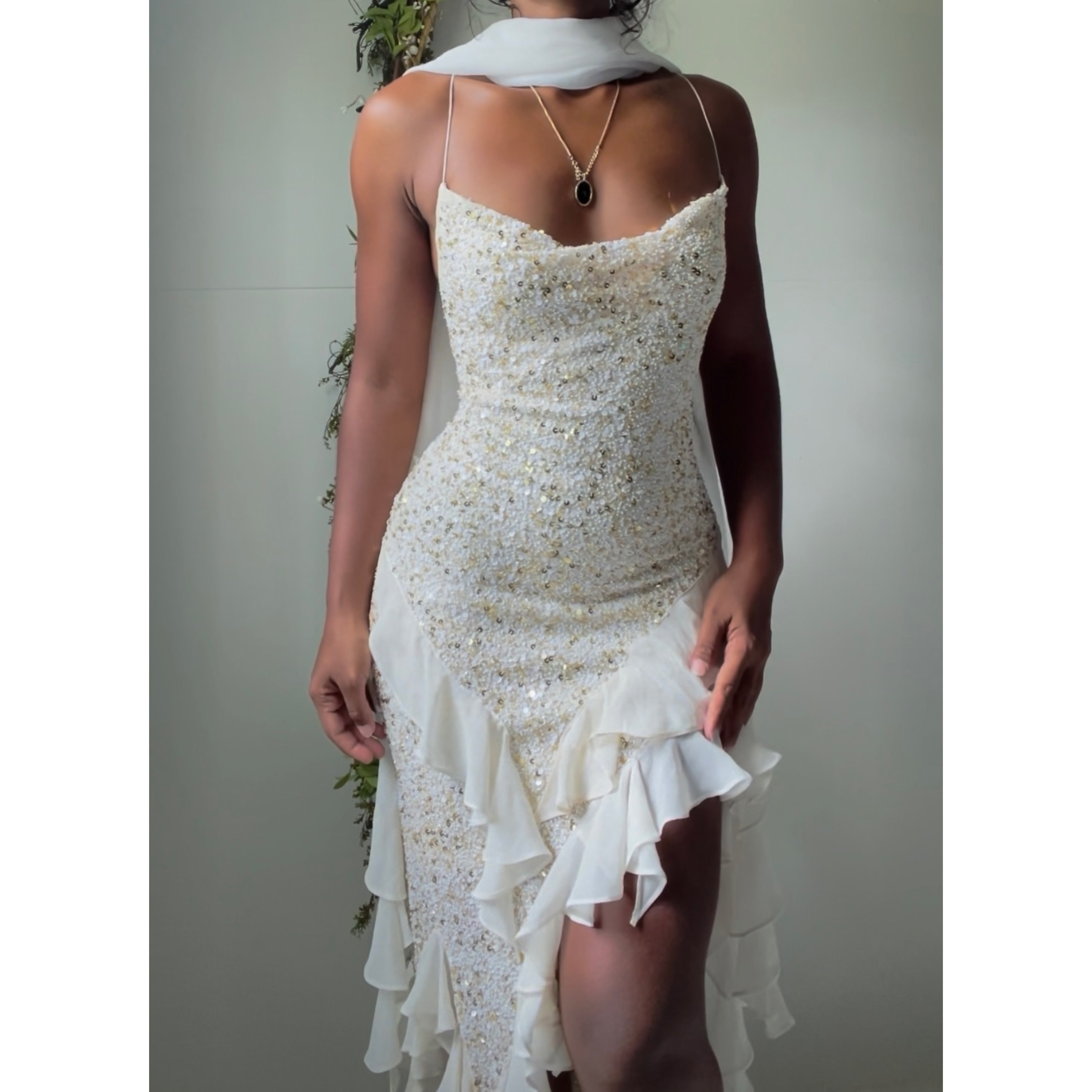 Rare Cream and Gold Beaded Ruffle Fairy Dress