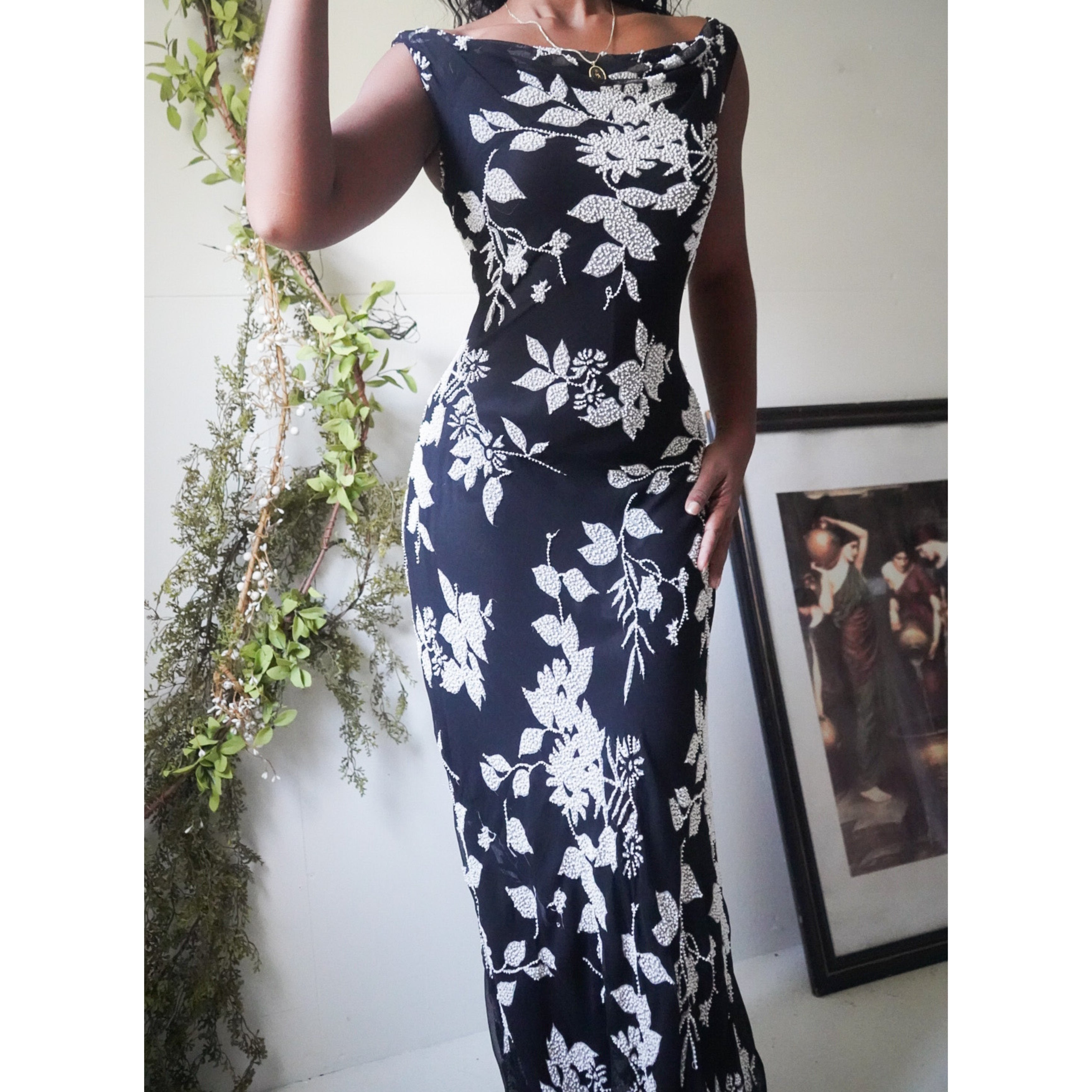 Monochrome Floral Beaded Gown
