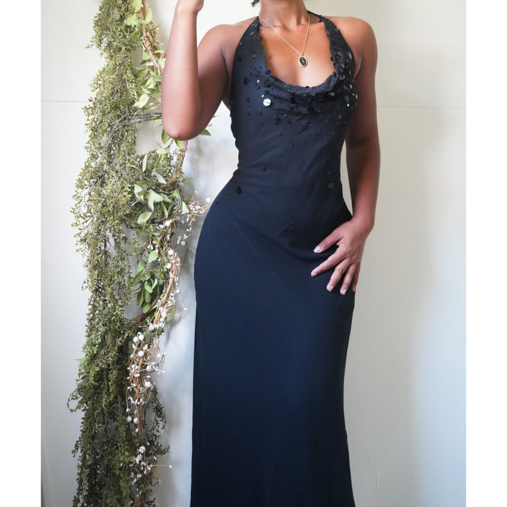 Sequin Detail Silk Cowl Neck Dress
