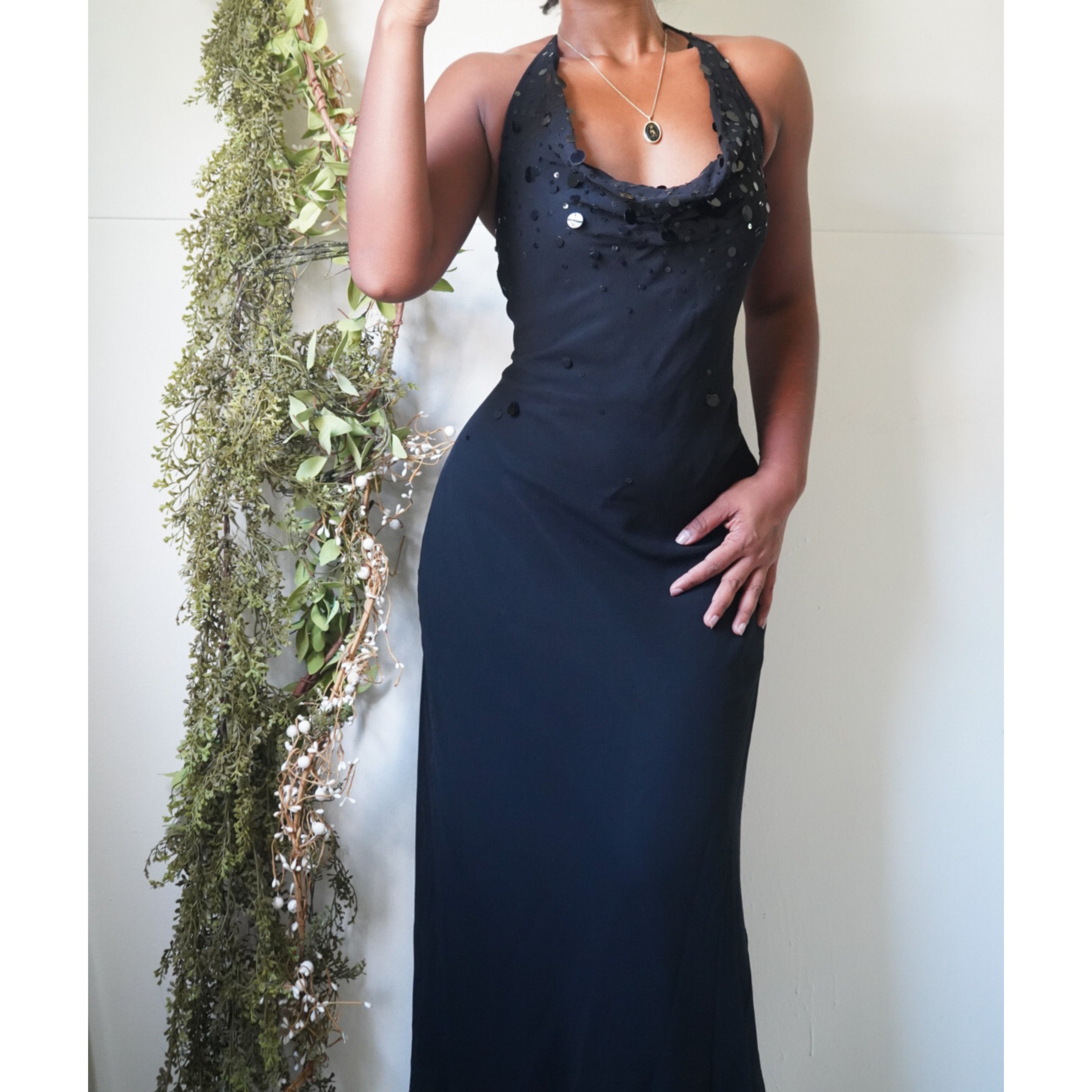 Sequin Detail Silk Cowl Neck Dress