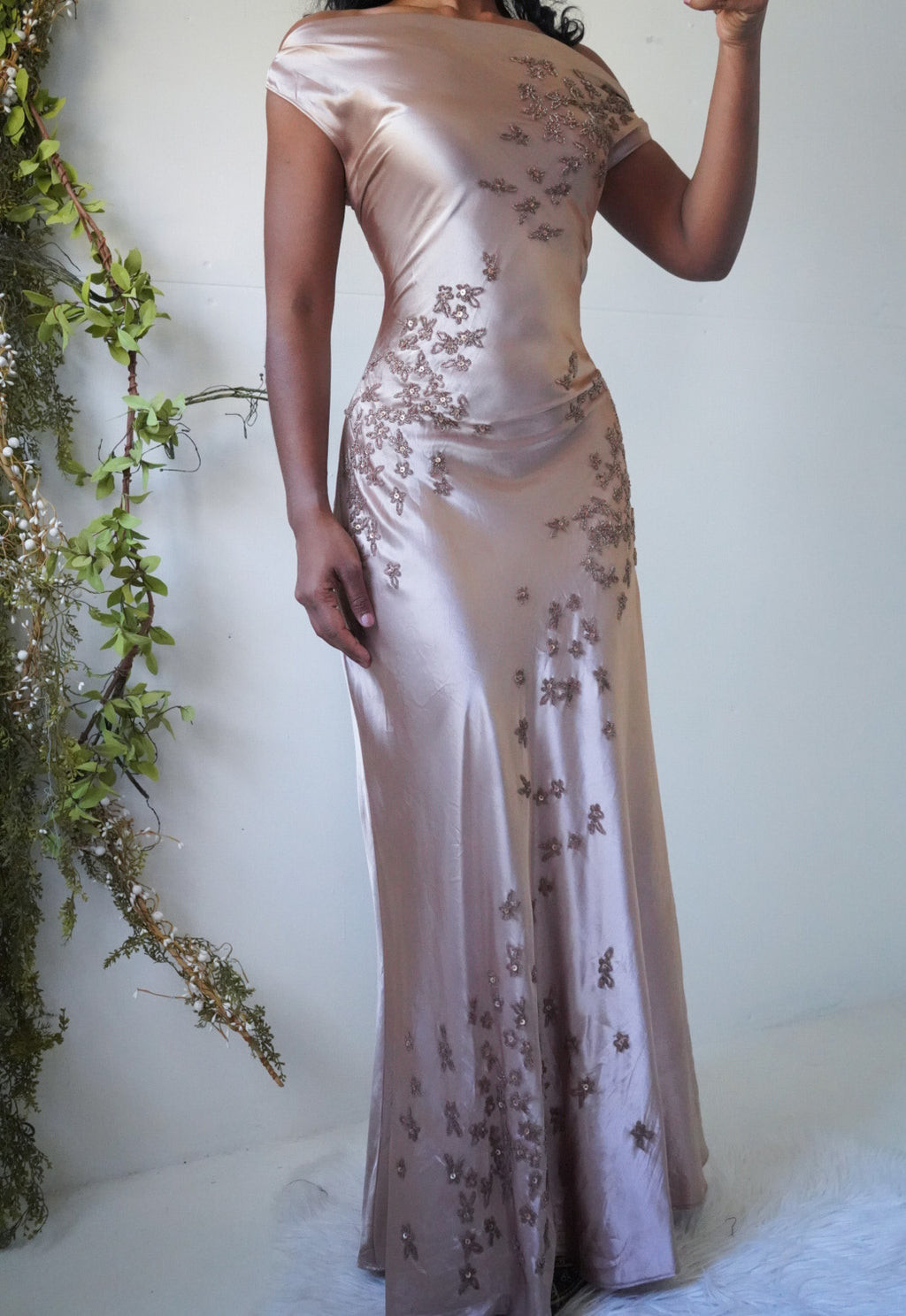 Iridescent Champagne Beaded Satin Gown