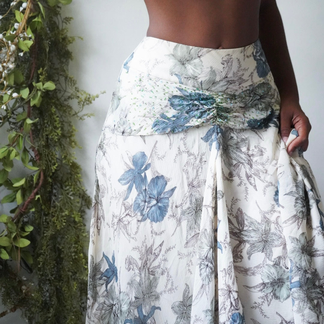 Cream and Blue Floral Silk Skirt