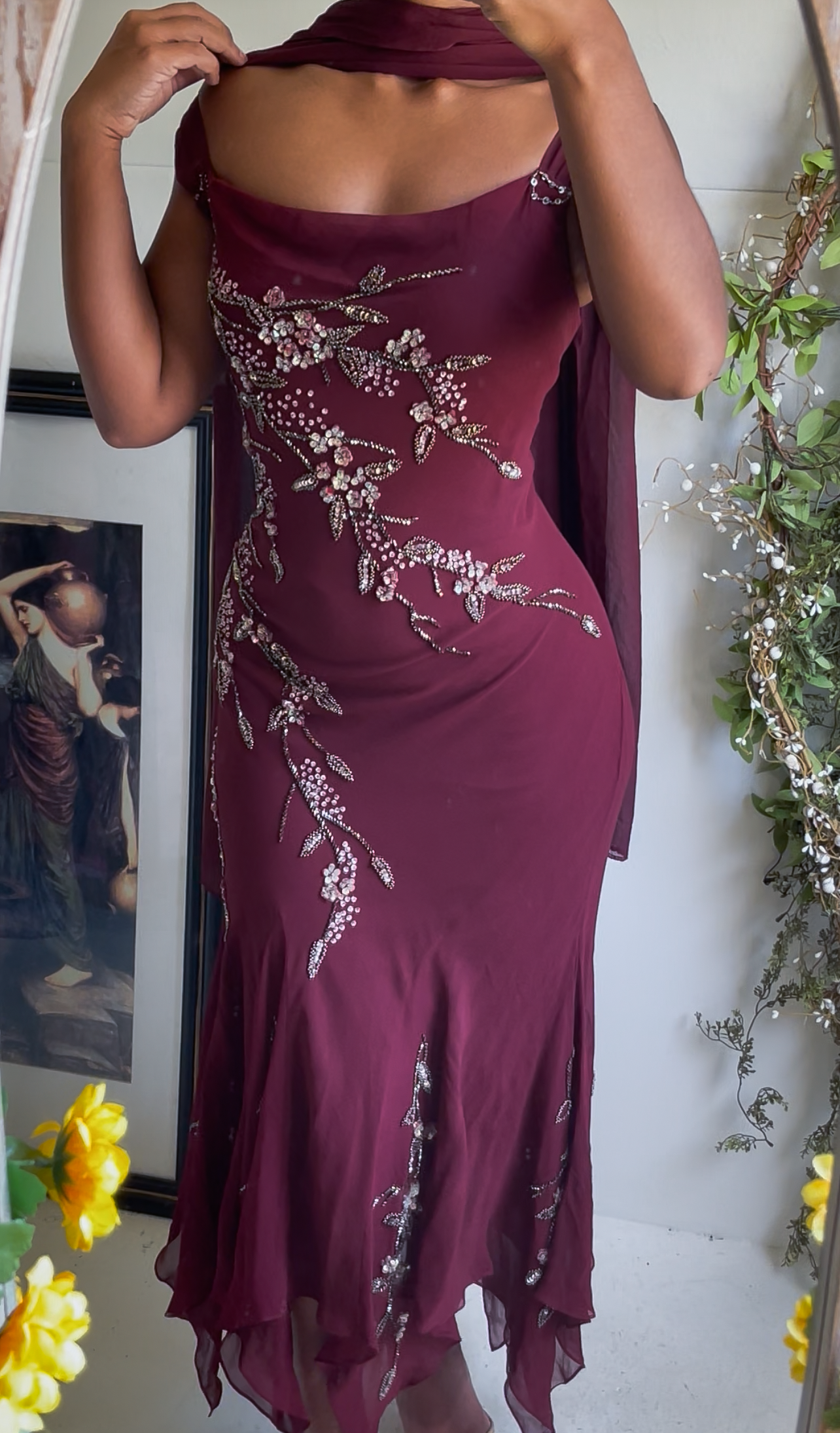 Y2K Beaded Wine Silk Dress