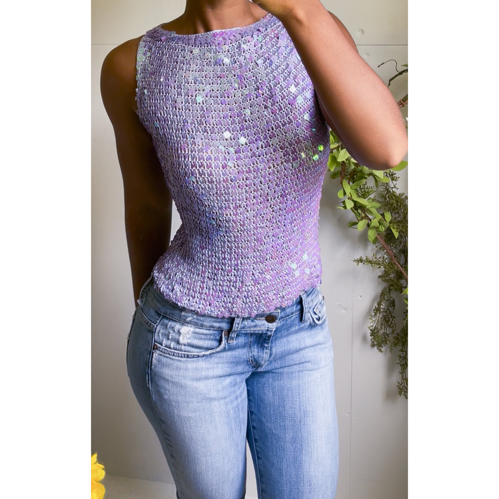 Y2K Crochet Knit Lavender Sequin Top