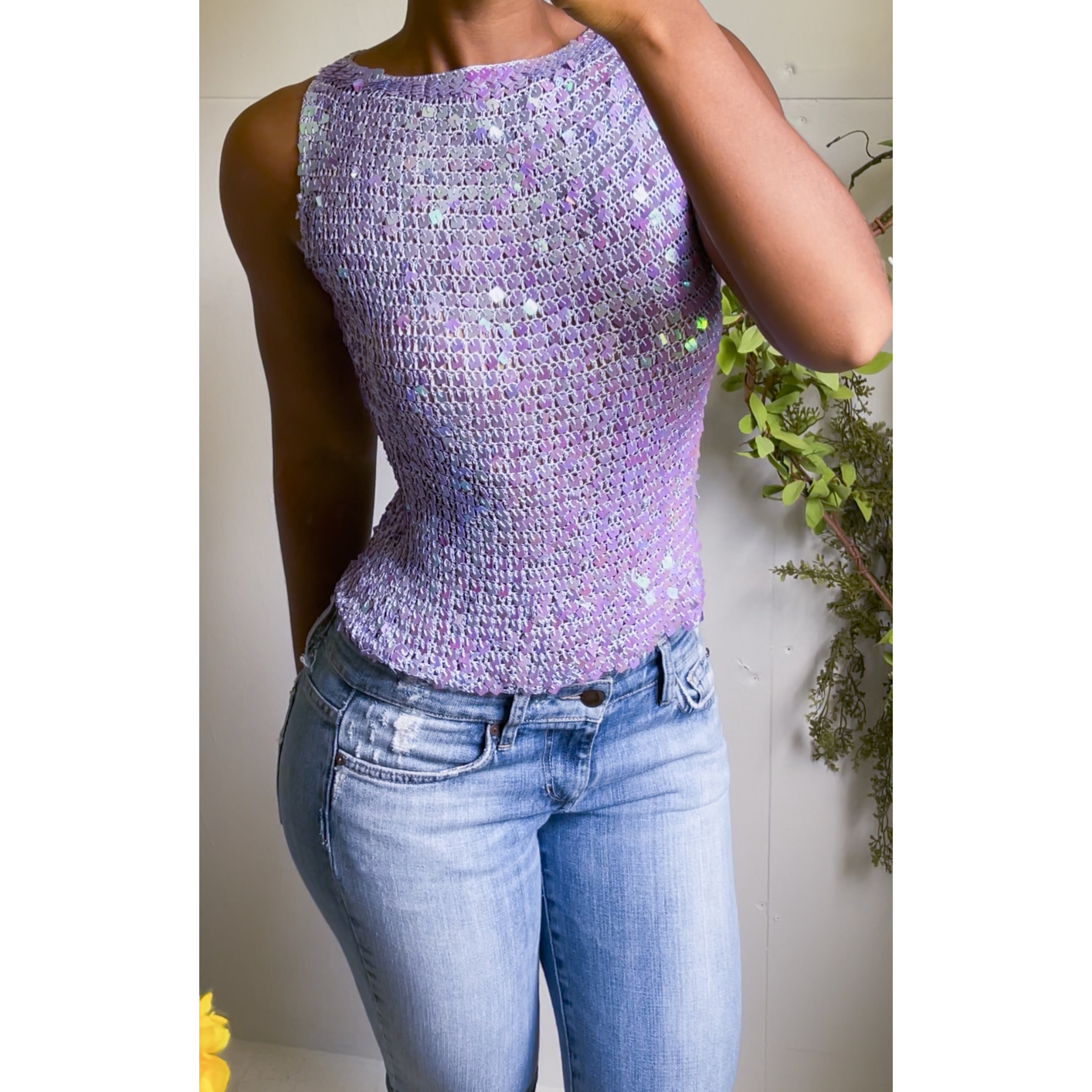 Y2K Crochet Knit Lavender Sequin Top