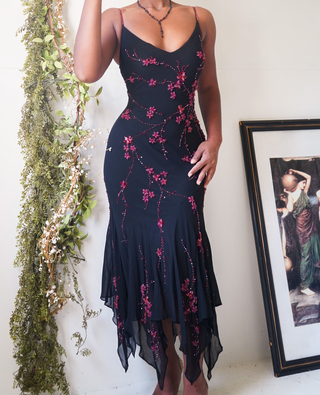 Y2K Black and Red Beaded Silk Fairy Midi Dress