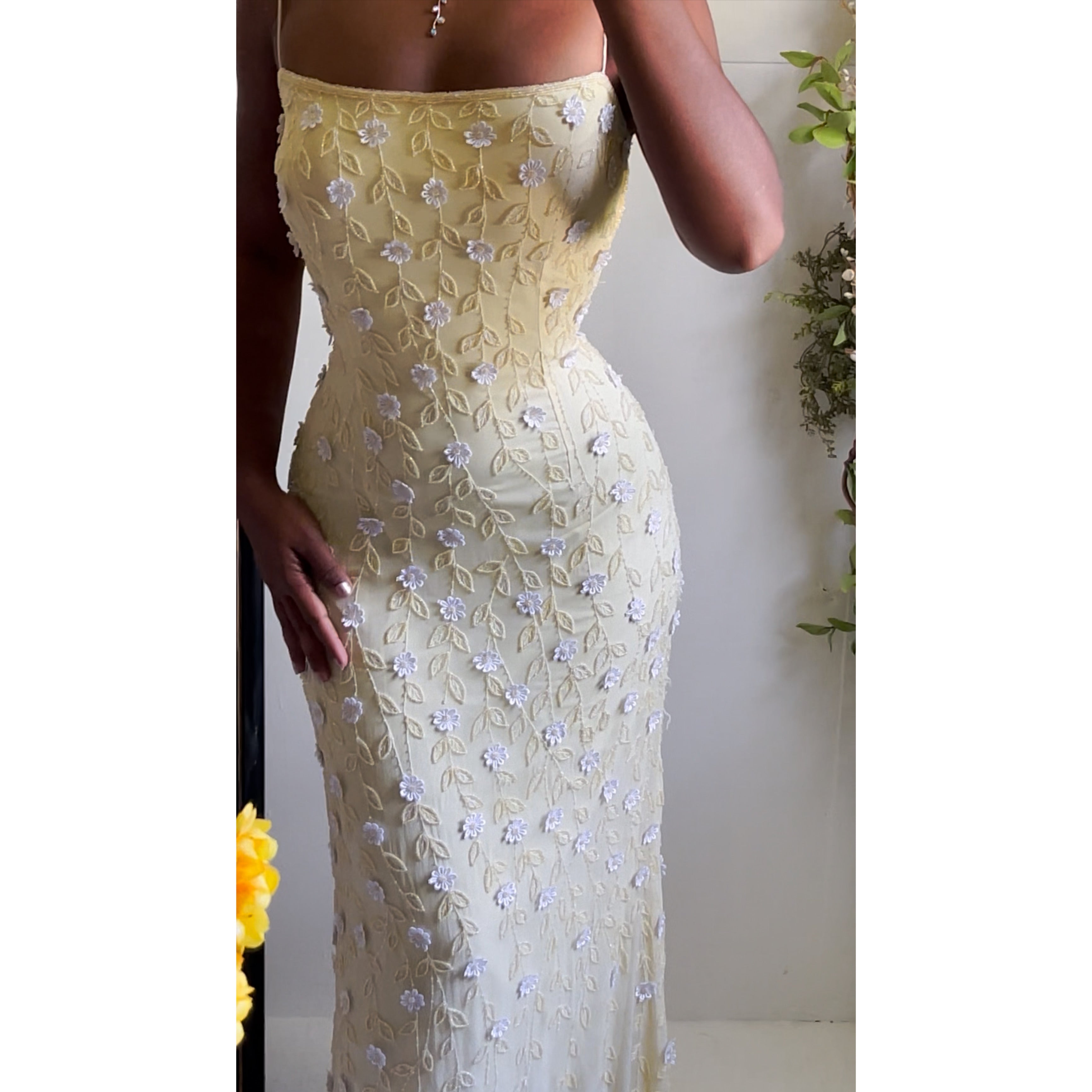 Pale Yellow Silk Beaded Daisy Gown