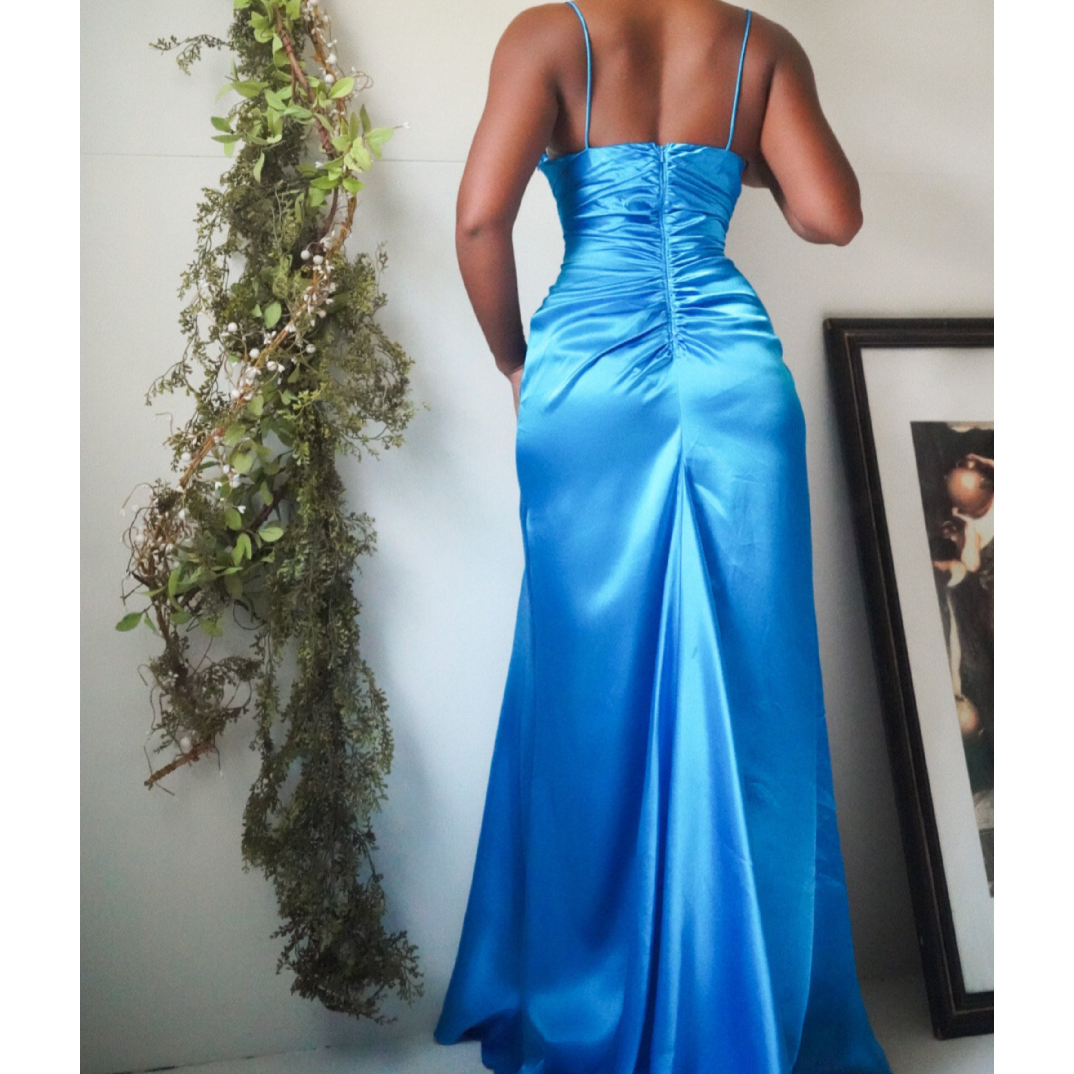 Blue Satin Ruched Jewel Gown