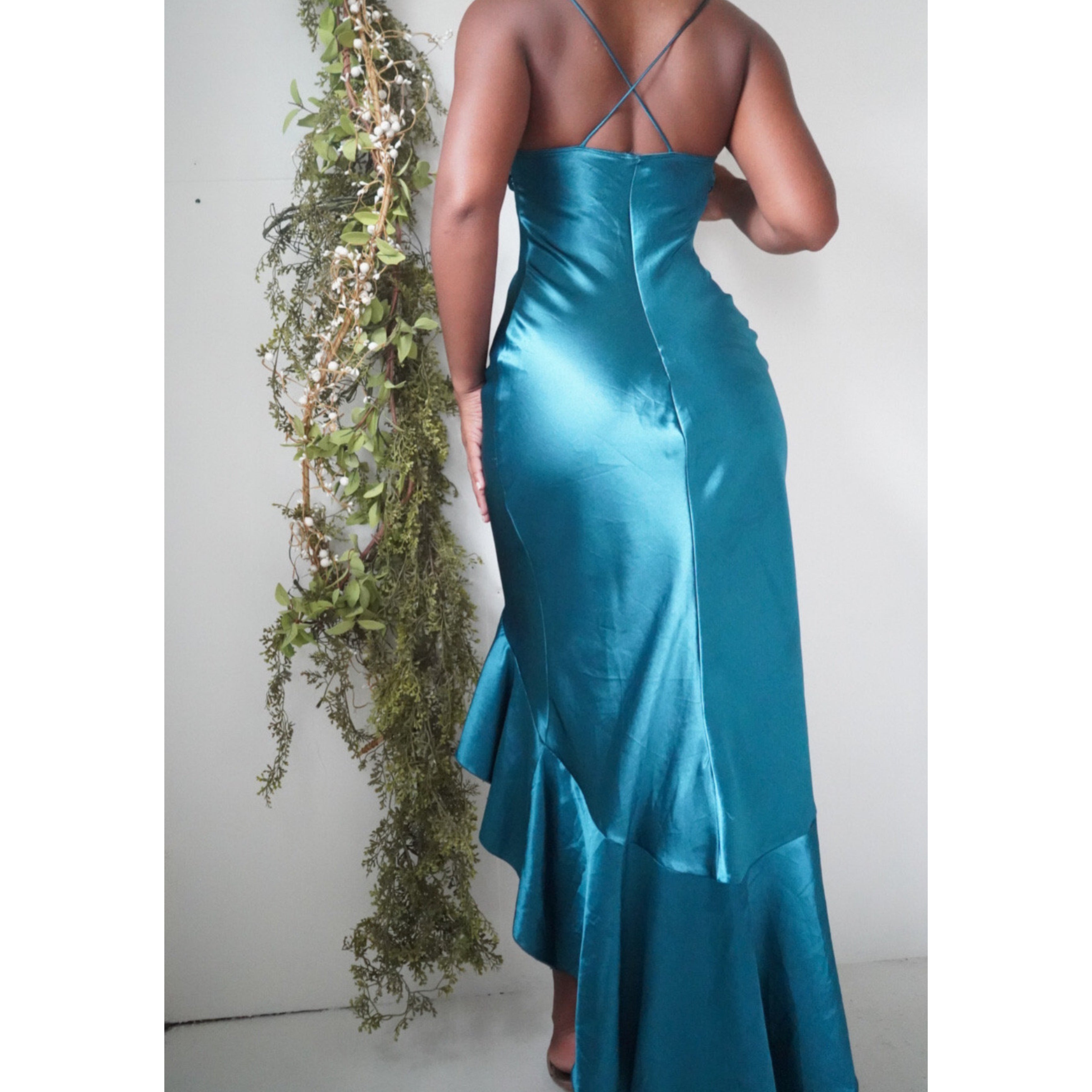 Teal Satin High Low Dress