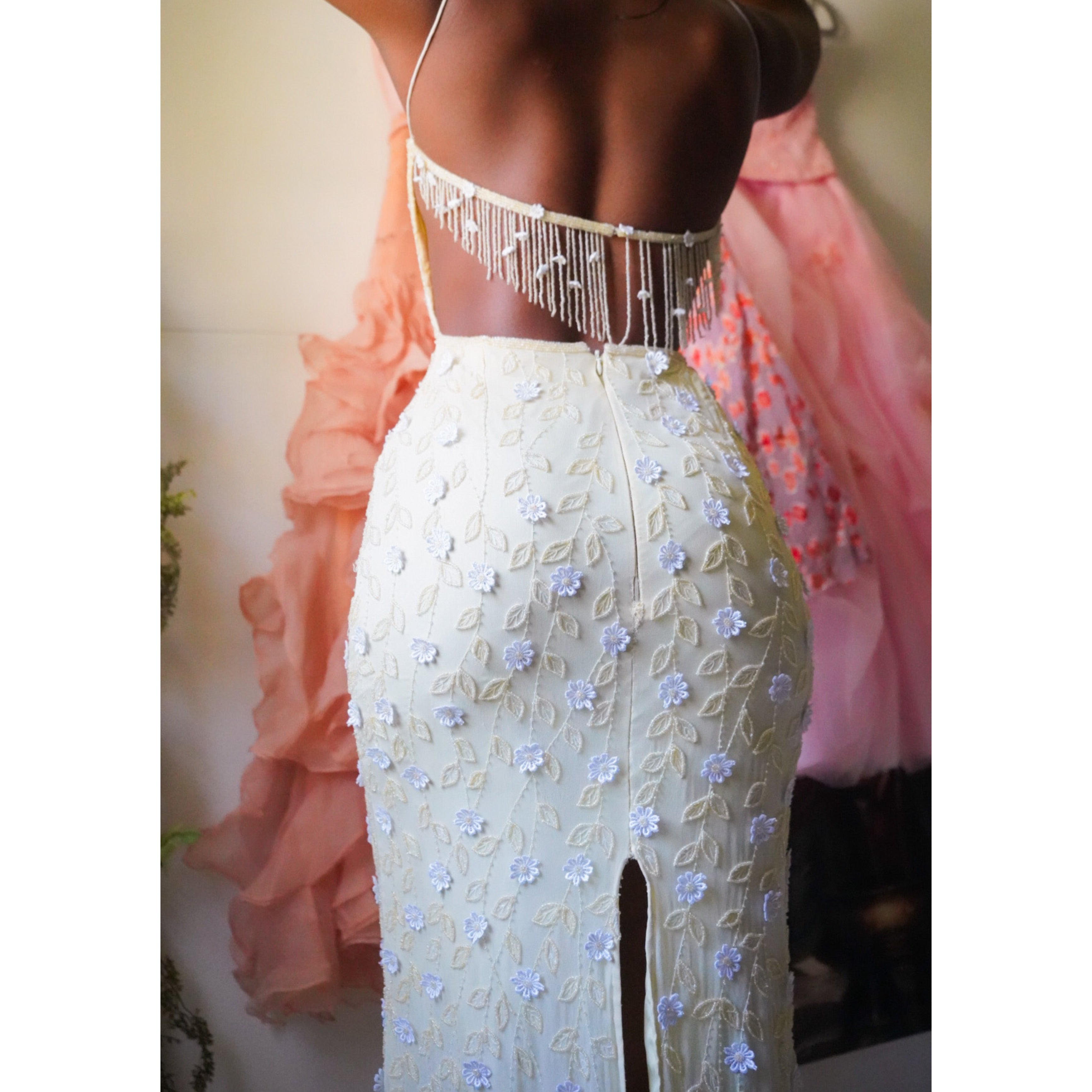 Pale Yellow Silk Beaded Daisy Gown
