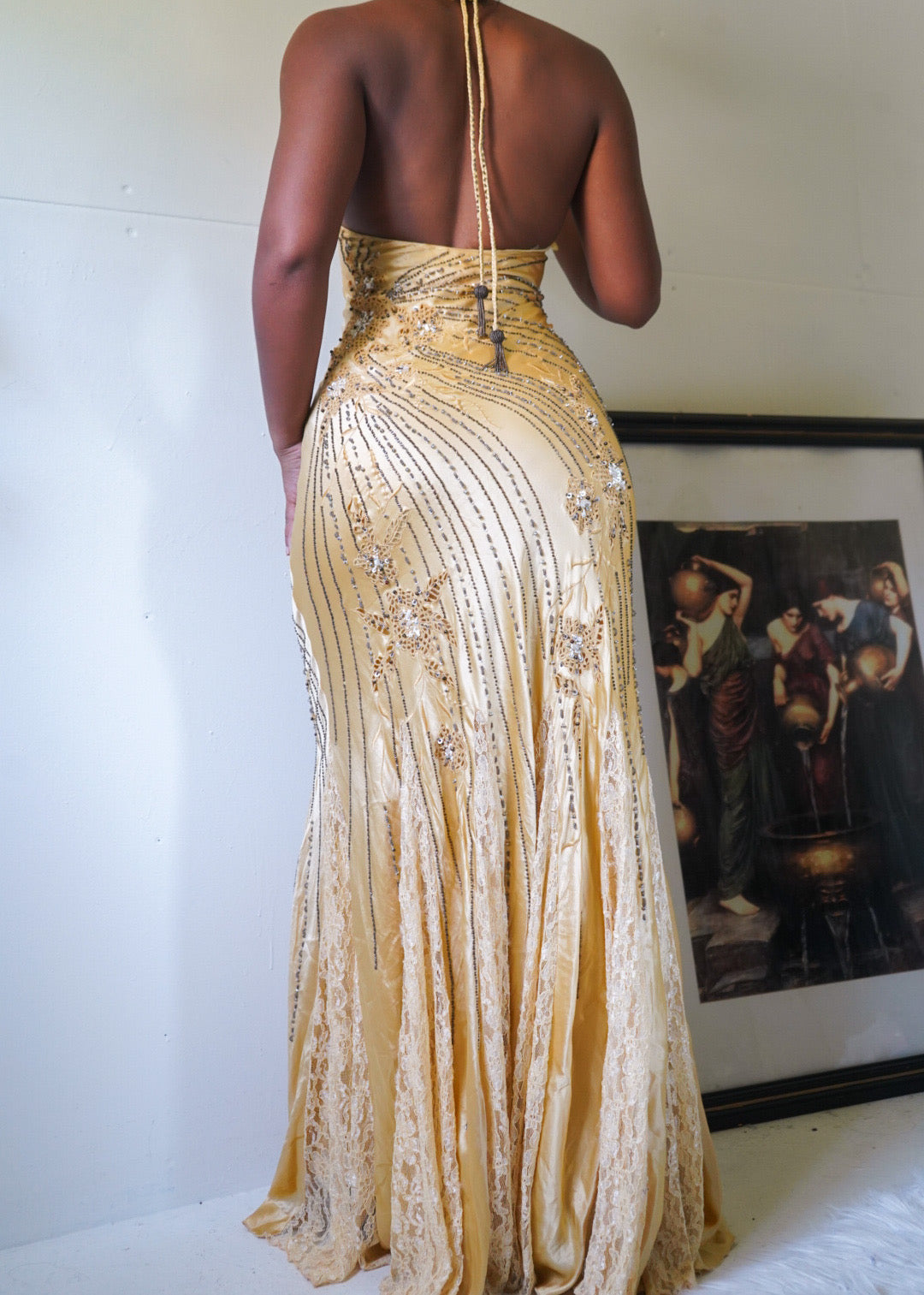 Golden Yellow Beaded Sue Wong Halter Gown