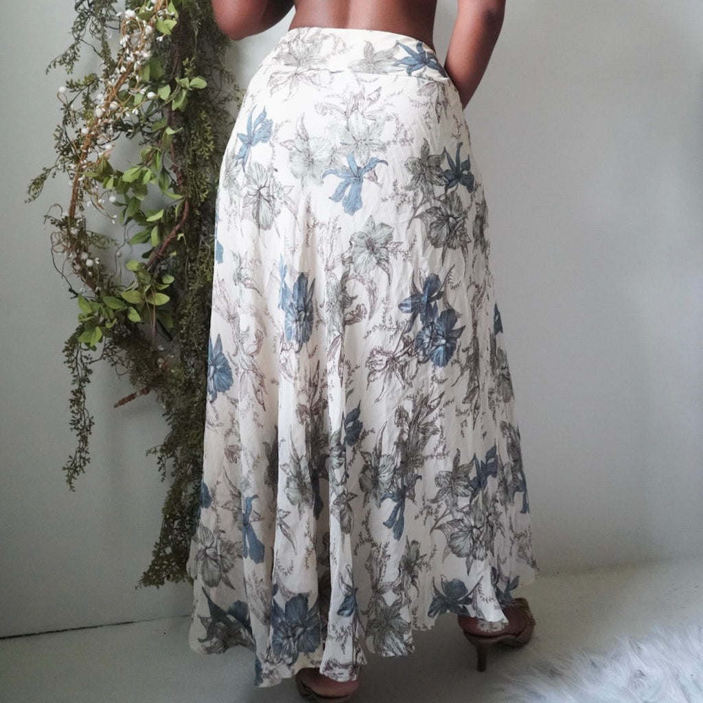 Cream and Blue Floral Silk Skirt