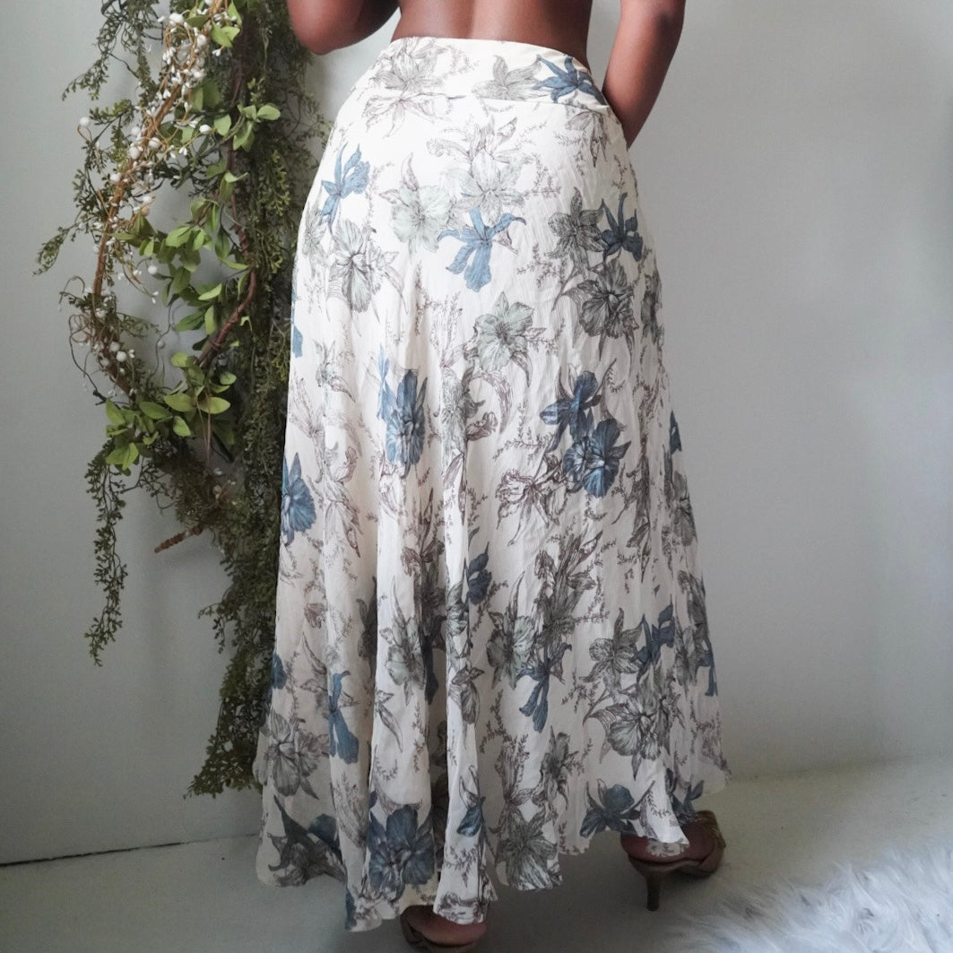 Cream and Blue Floral Silk Skirt