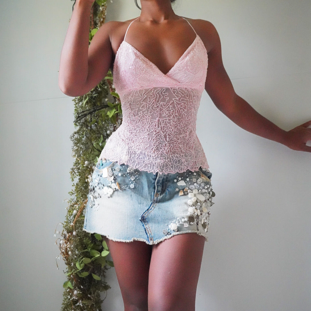 Y2K Pastel Pink Beaded Halter Tie Back Top