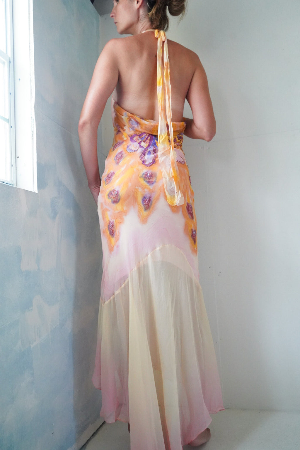 Watercolor Silk Butterfly Beaded Gown