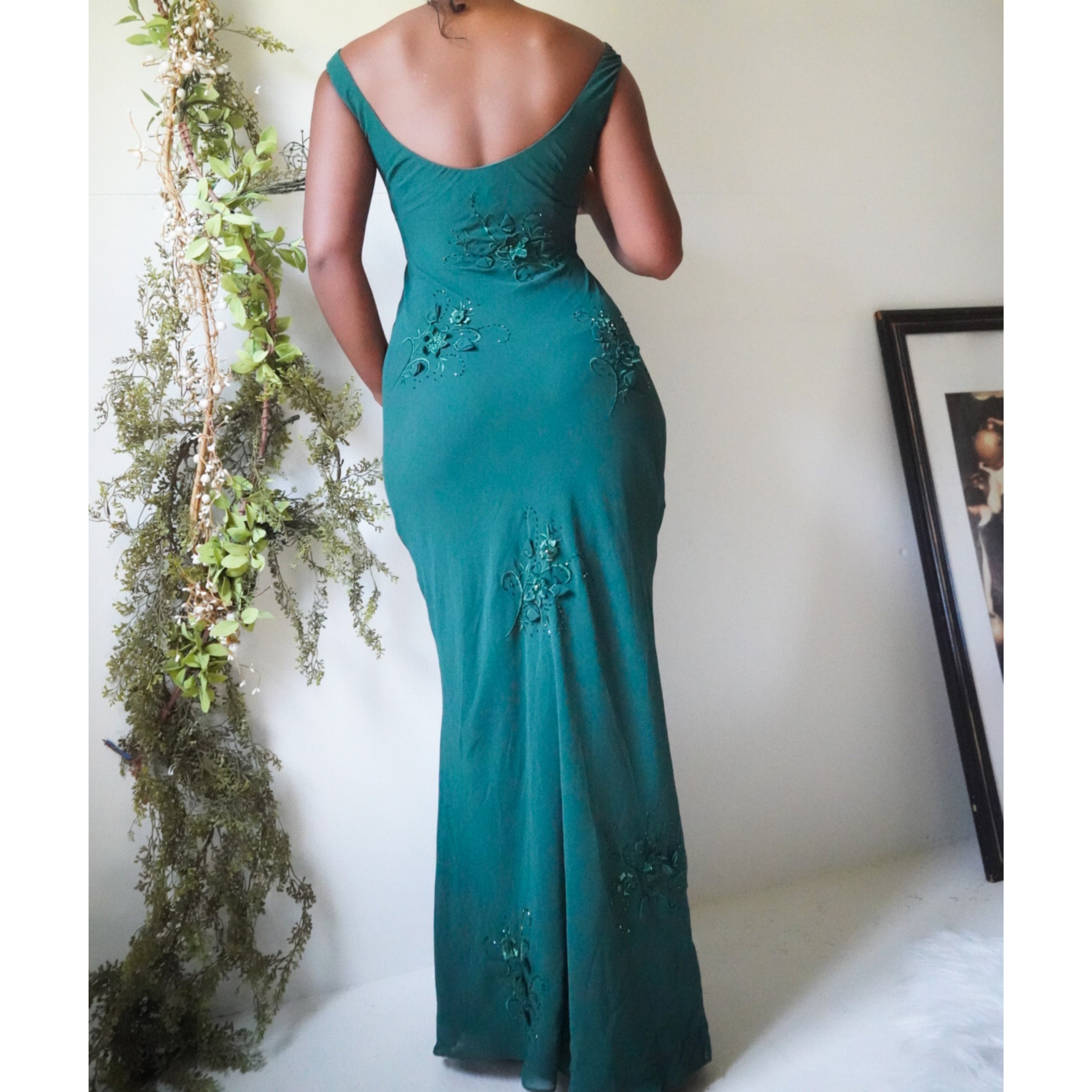 Green Embroidered Evening Dress