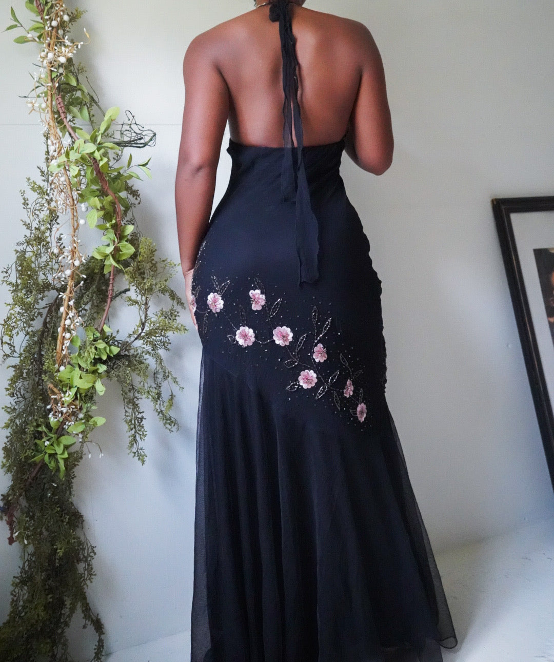 Embroidered Beaded Silk Halter Gown