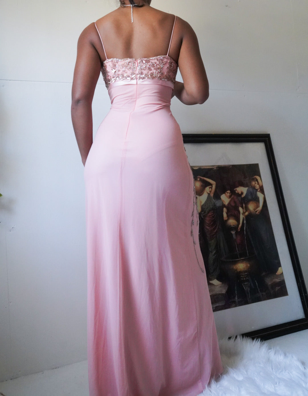 Peachy Pink Beaded Mesh Gown