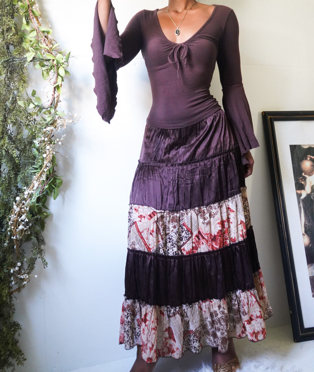 Brown Satin Boho Tiered Maxi Skirt