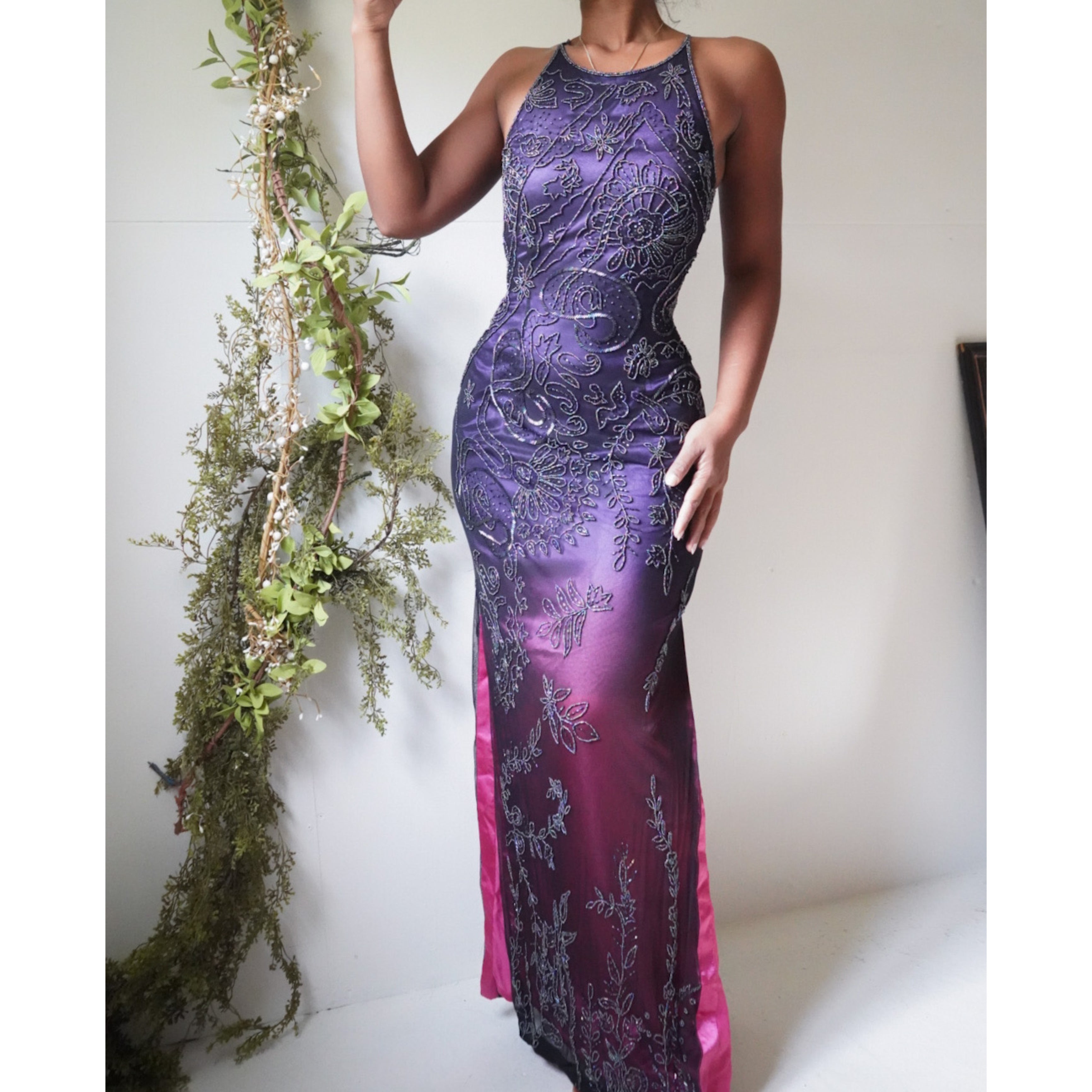 Beaded Backless Ombre Gown