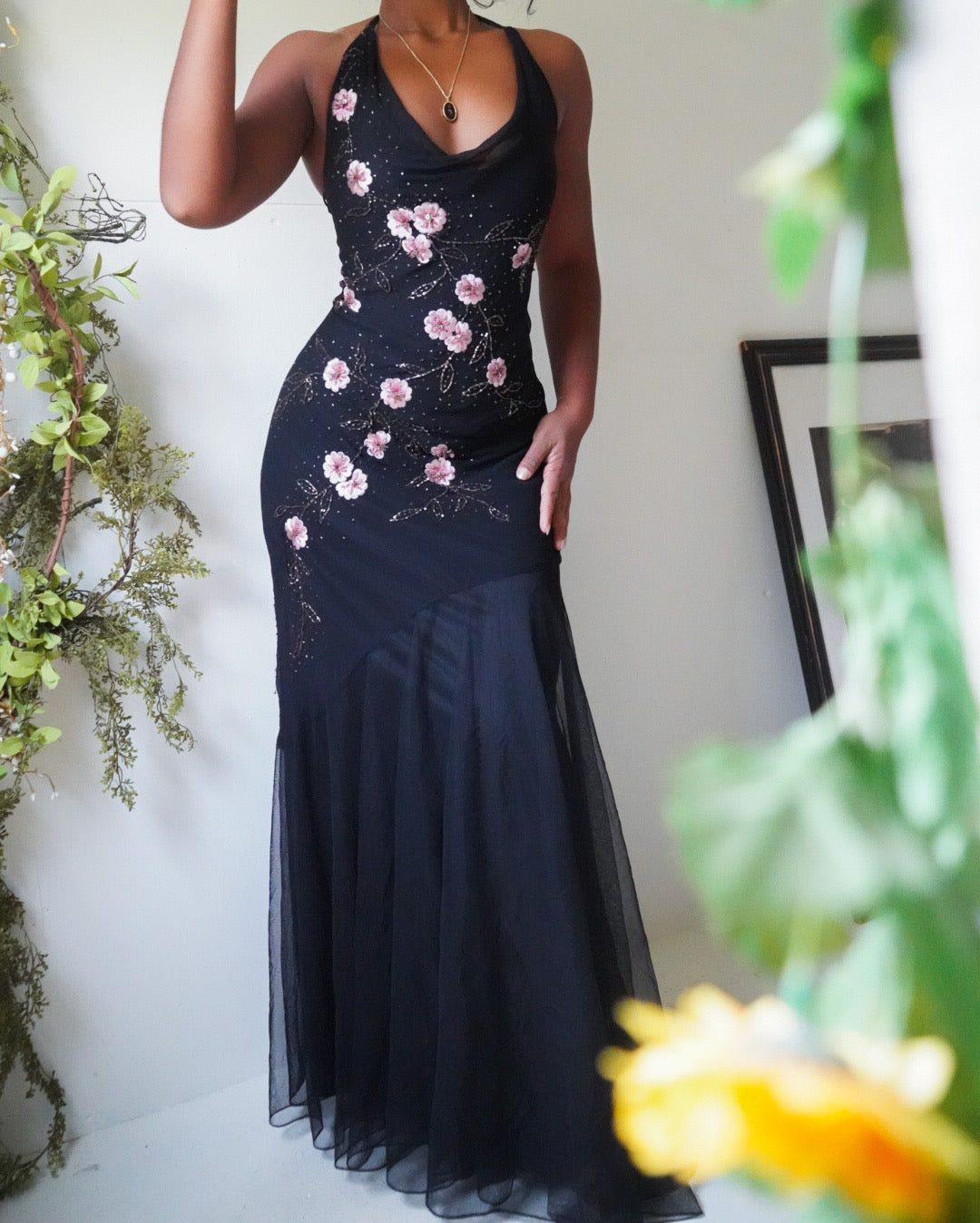 Embroidered Beaded Silk Halter Gown