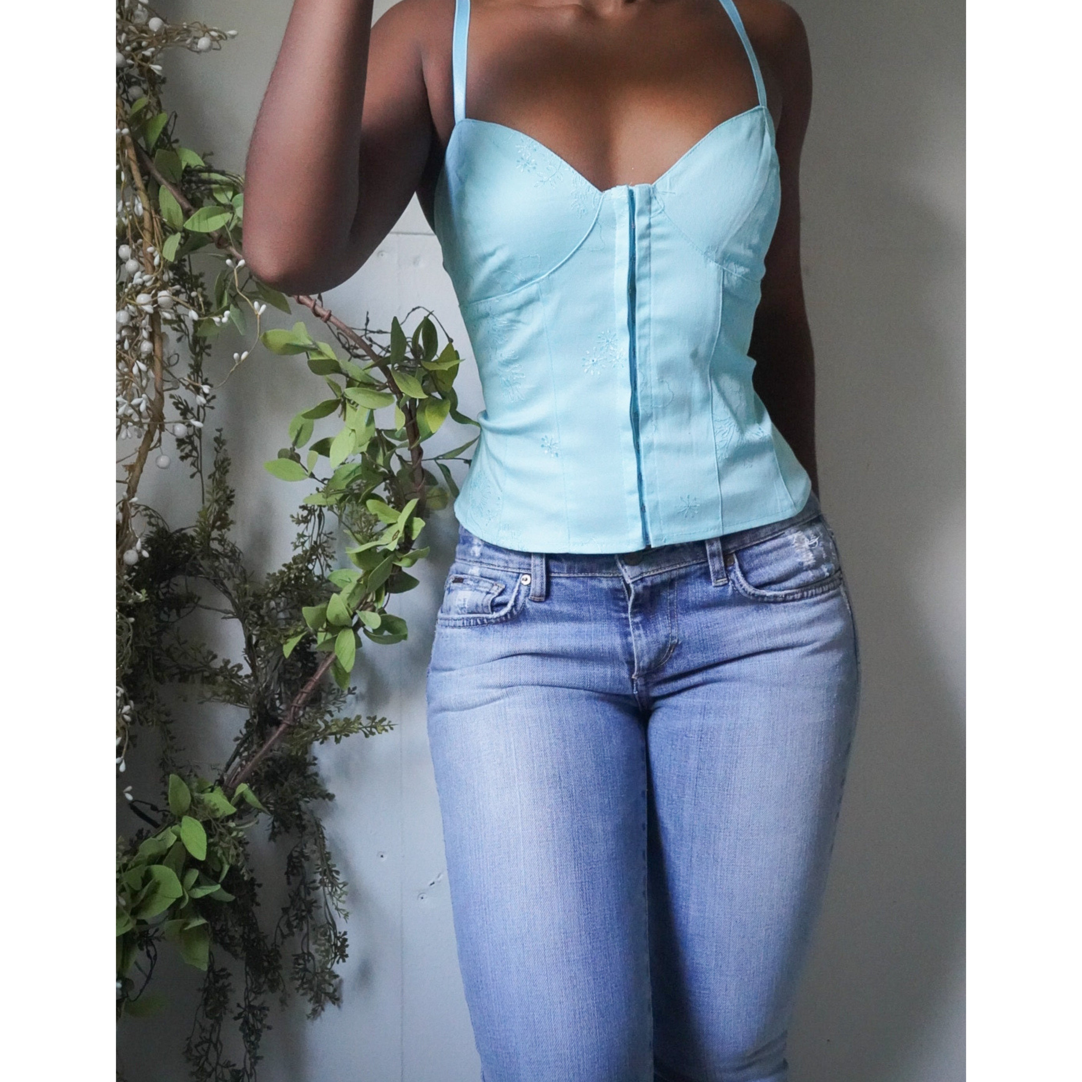 Light Blue Embroidered Detail Bustier Top