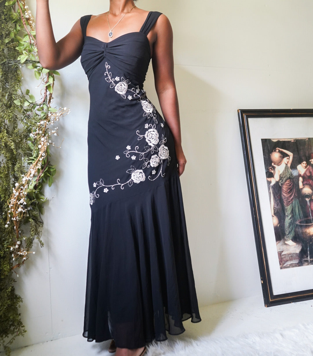 black-dress-with-tan-embroidered-flowers-image