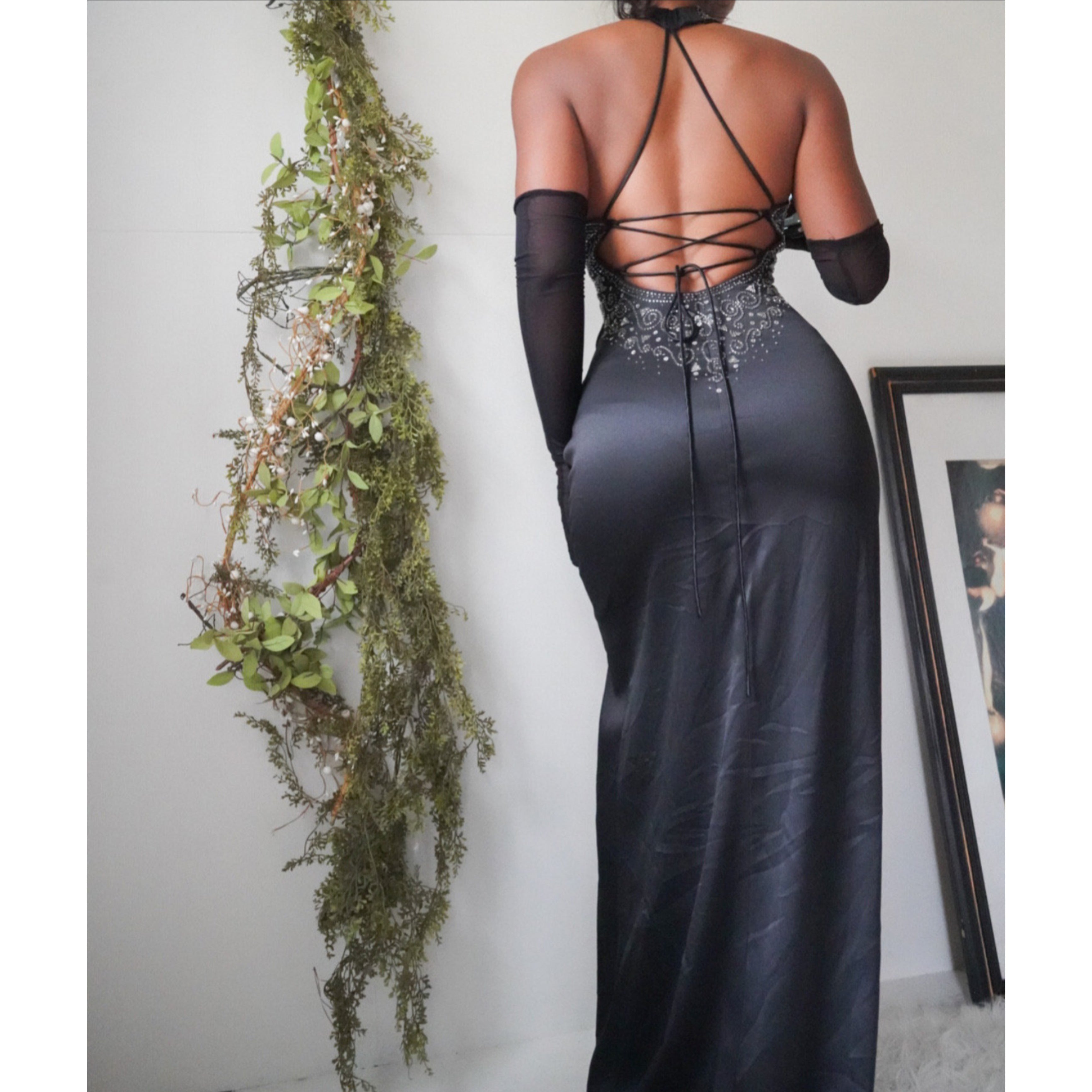 Black Beaded Halter Low Back Gown