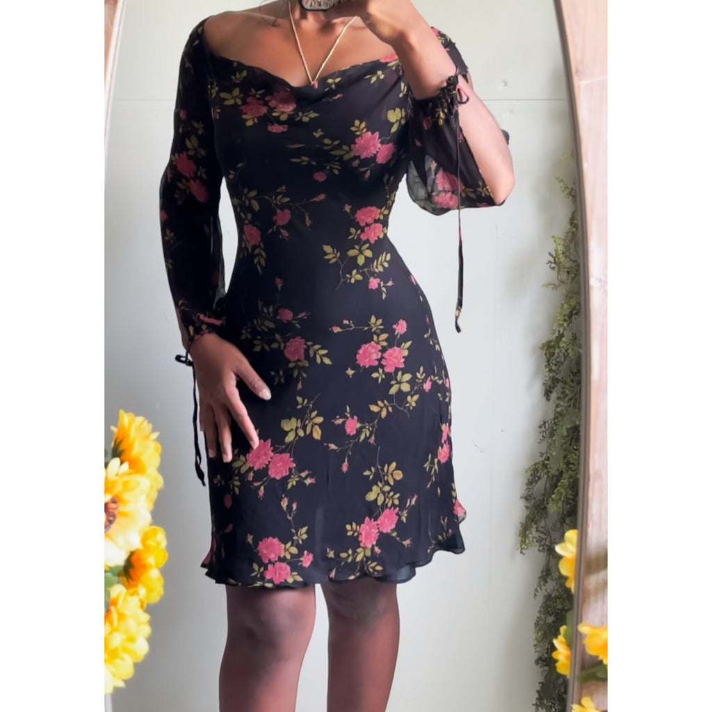 Romantic Floral Silk Split Sleeve Mini Dress