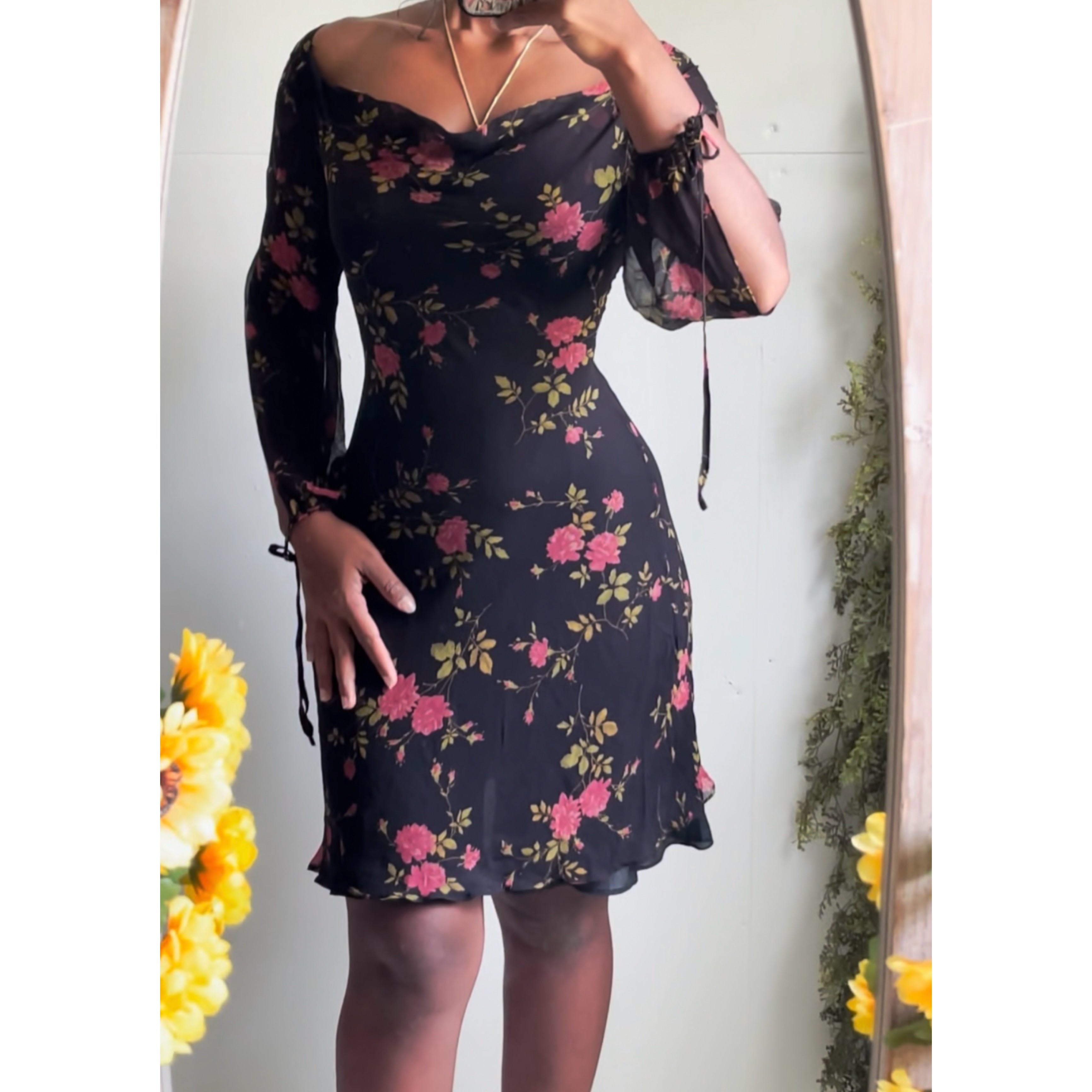 Romantic Floral Silk Split Sleeve Mini Dress