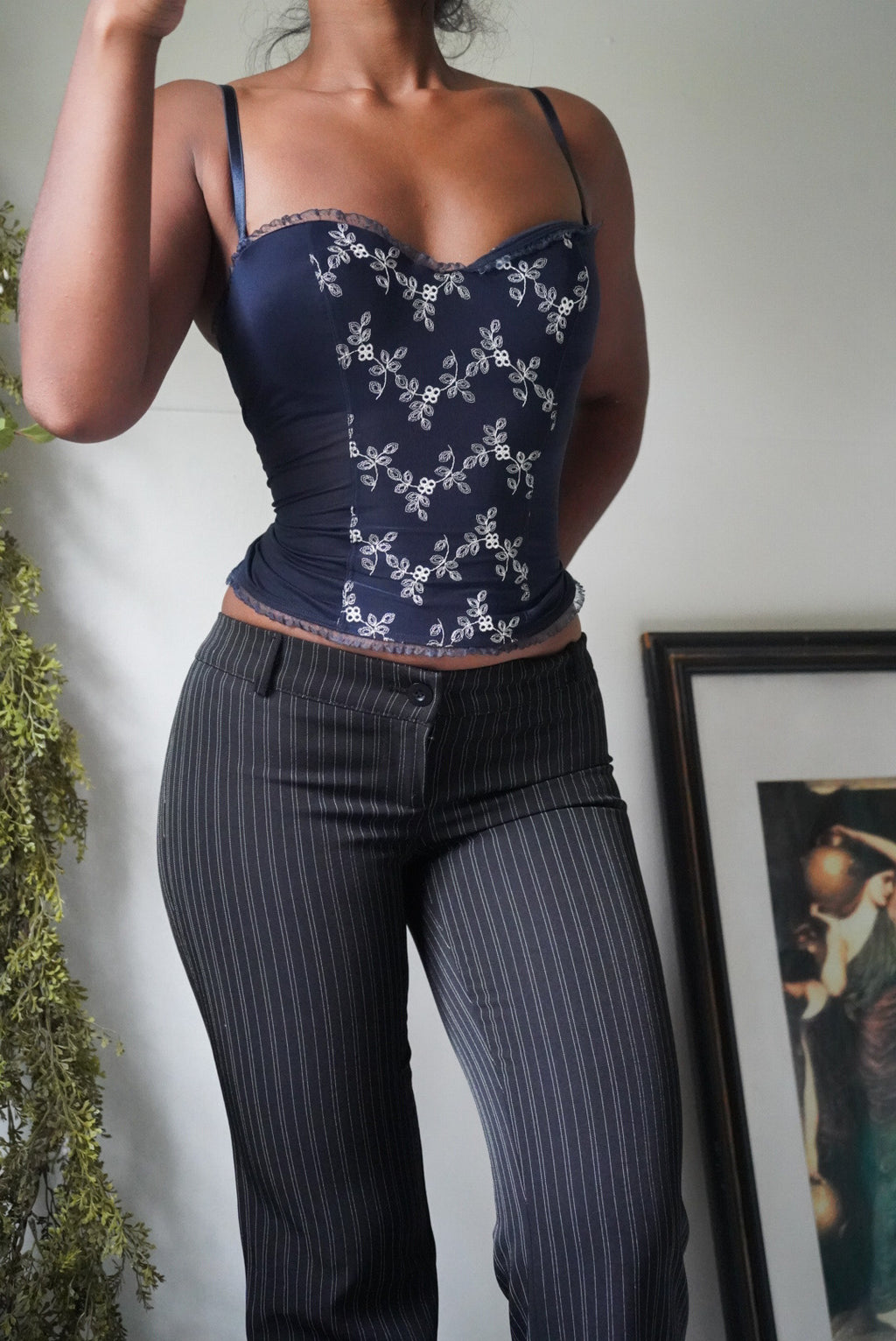 Navy Embroidered Detail Bustier Cami