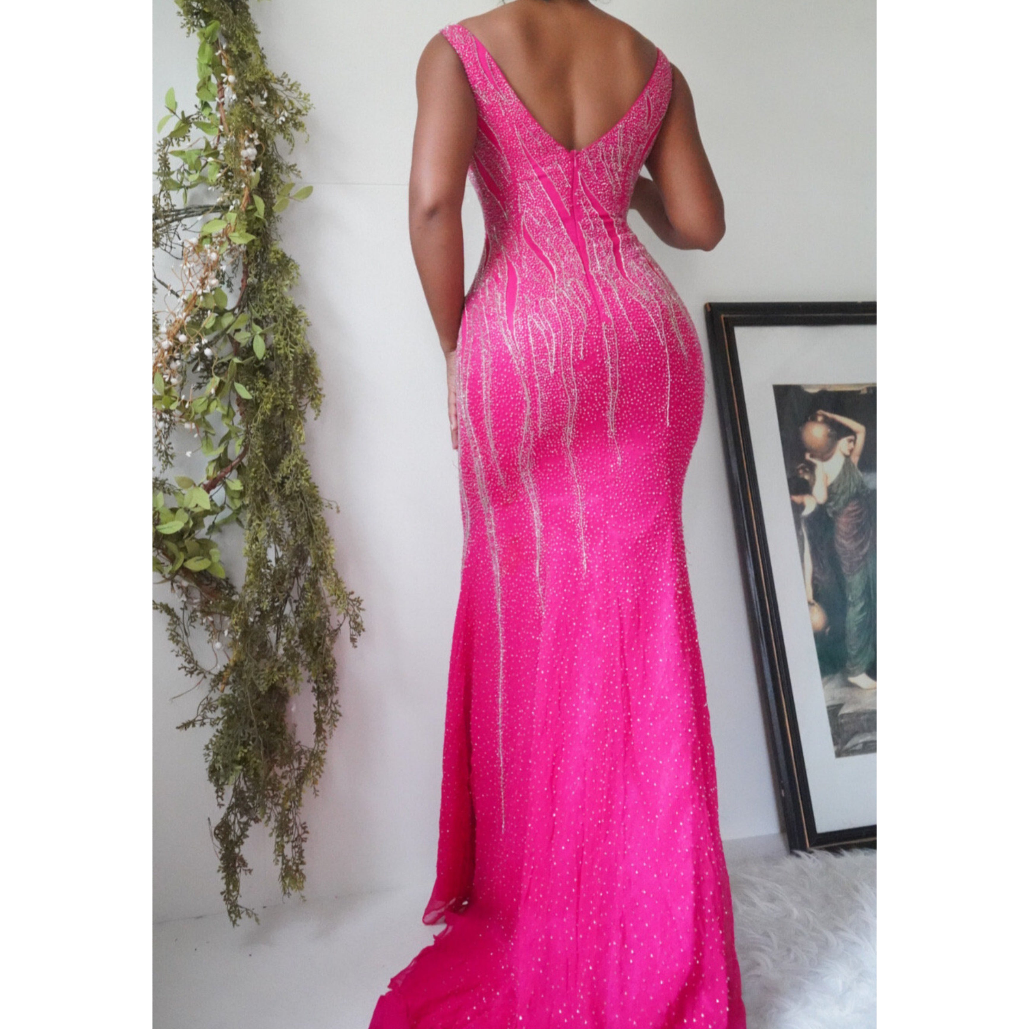 Bright Pink Silk Beaded Gown
