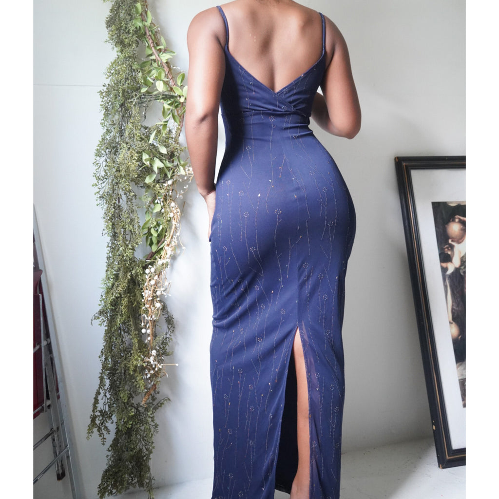 Navy Blue Floral Cinch Neckline Gown