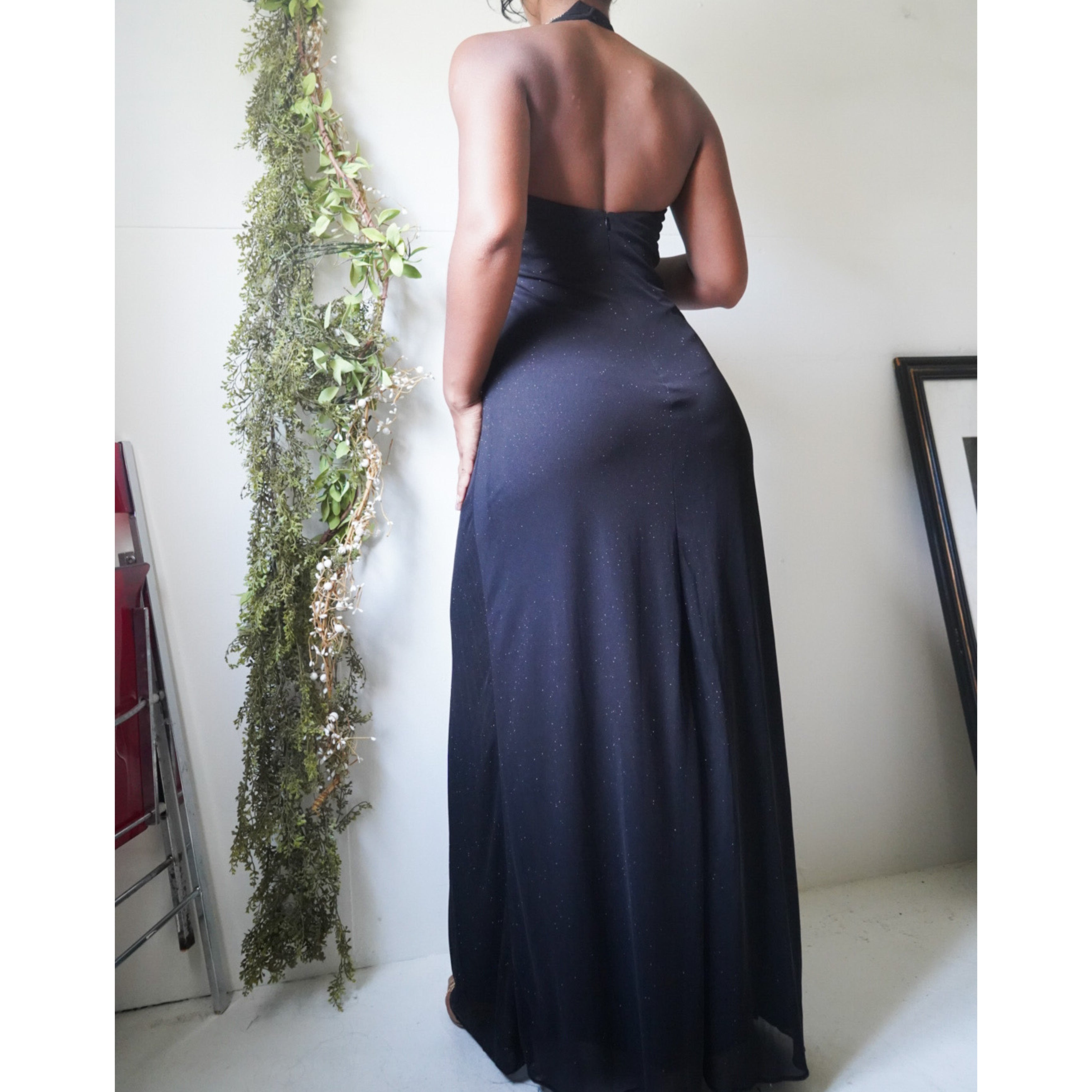 Black Glitter Pleat Halter Gown