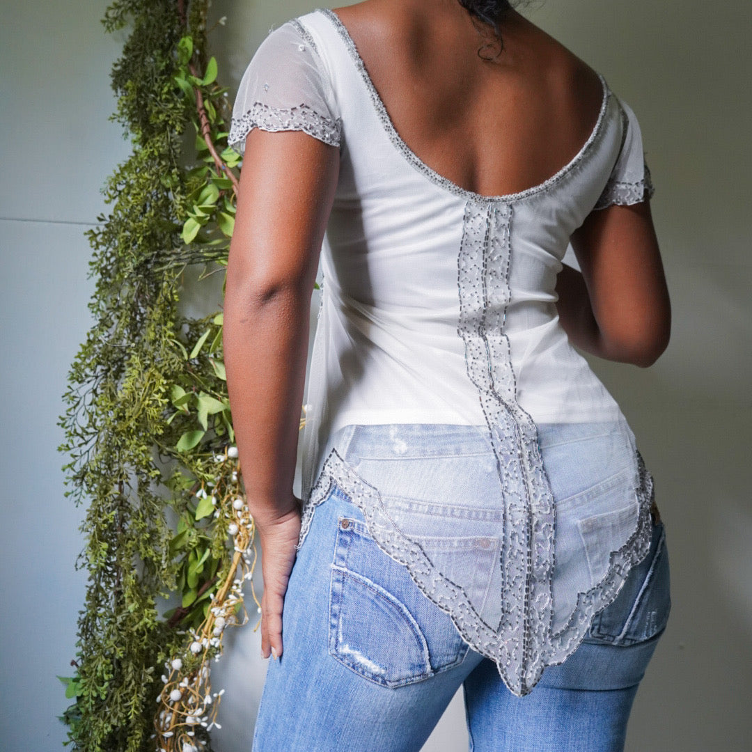 Y2K Ivory Beaded Fairy Top
