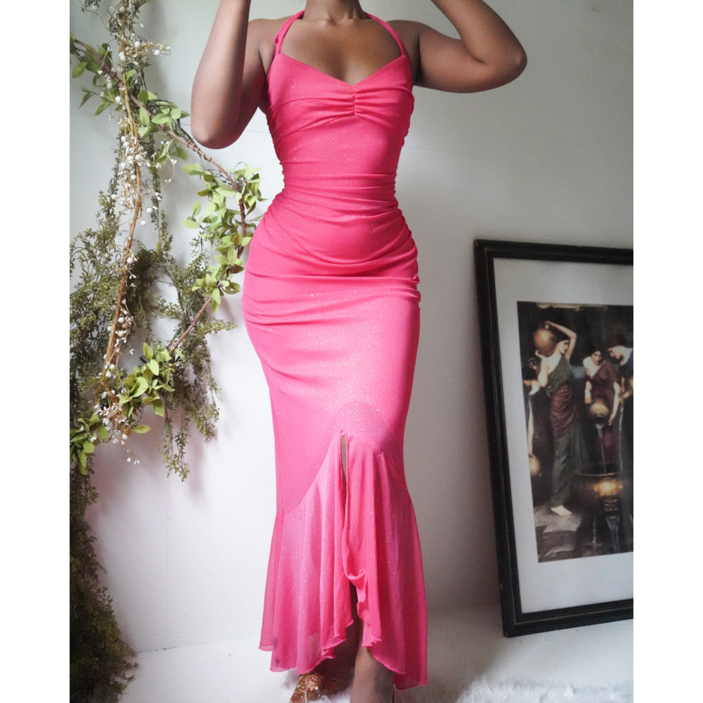 Coral Pink Glitter Halter Dress