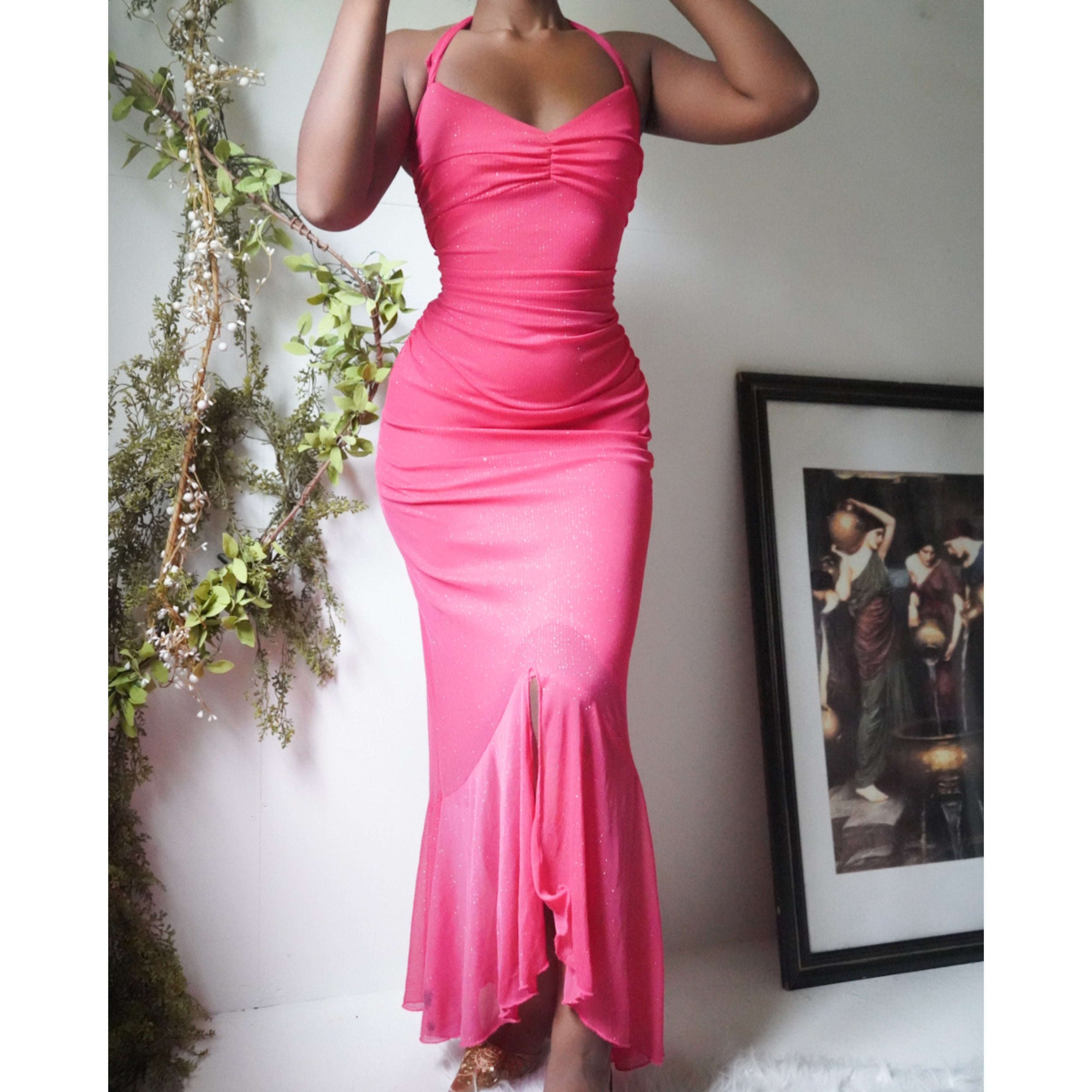 Coral Pink Glitter Halter Dress