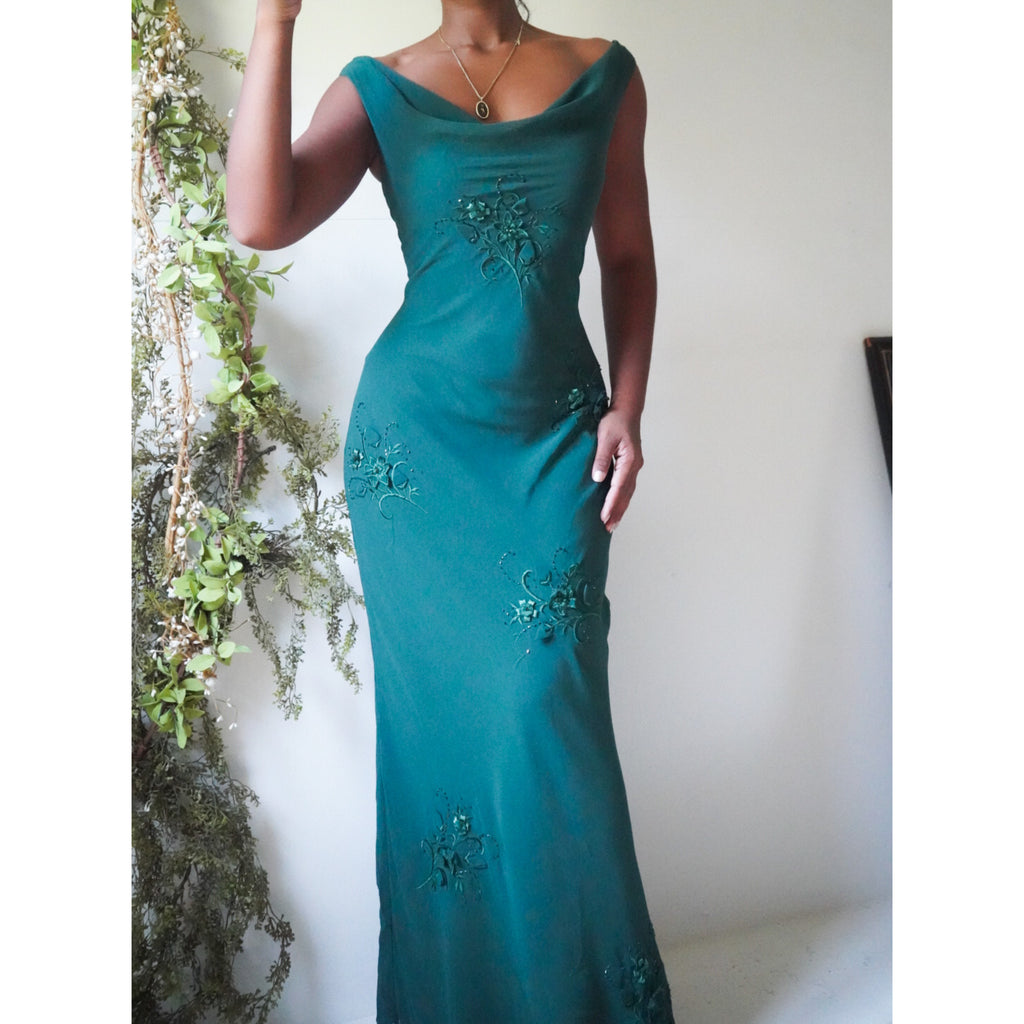 Green Embroidered Evening Dress