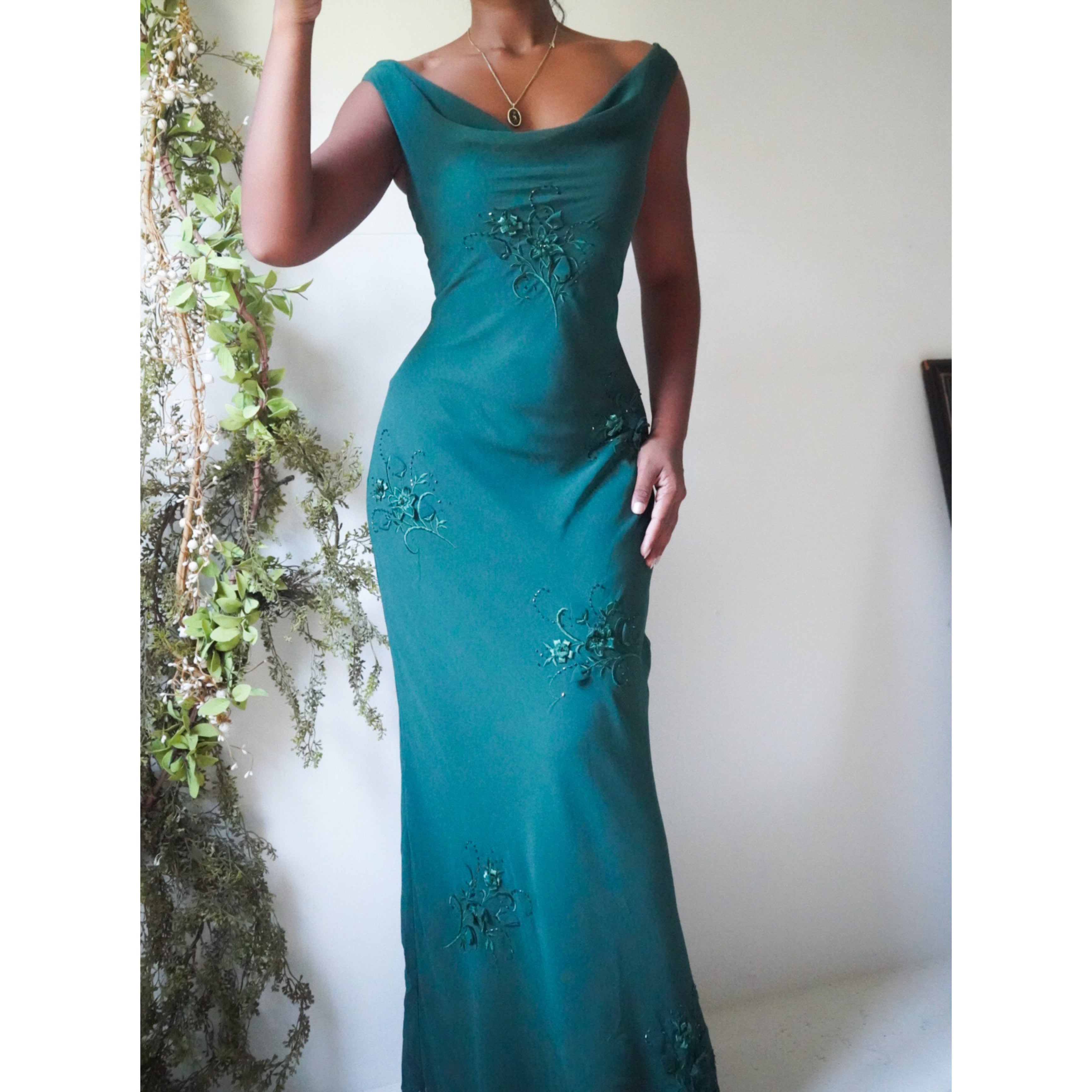 Green Embroidered Evening Dress