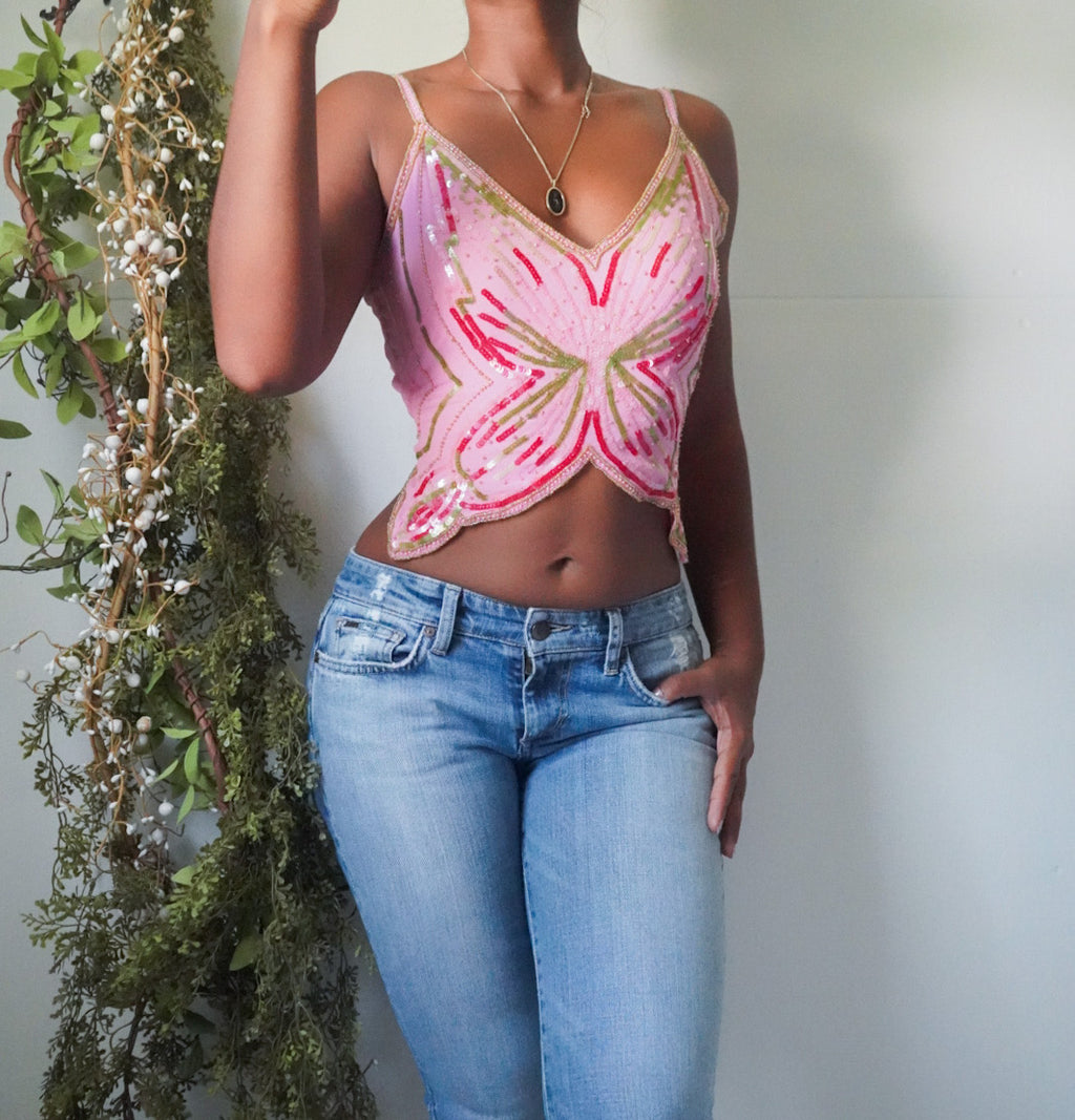 Rare beaded silk butterfly cropped top