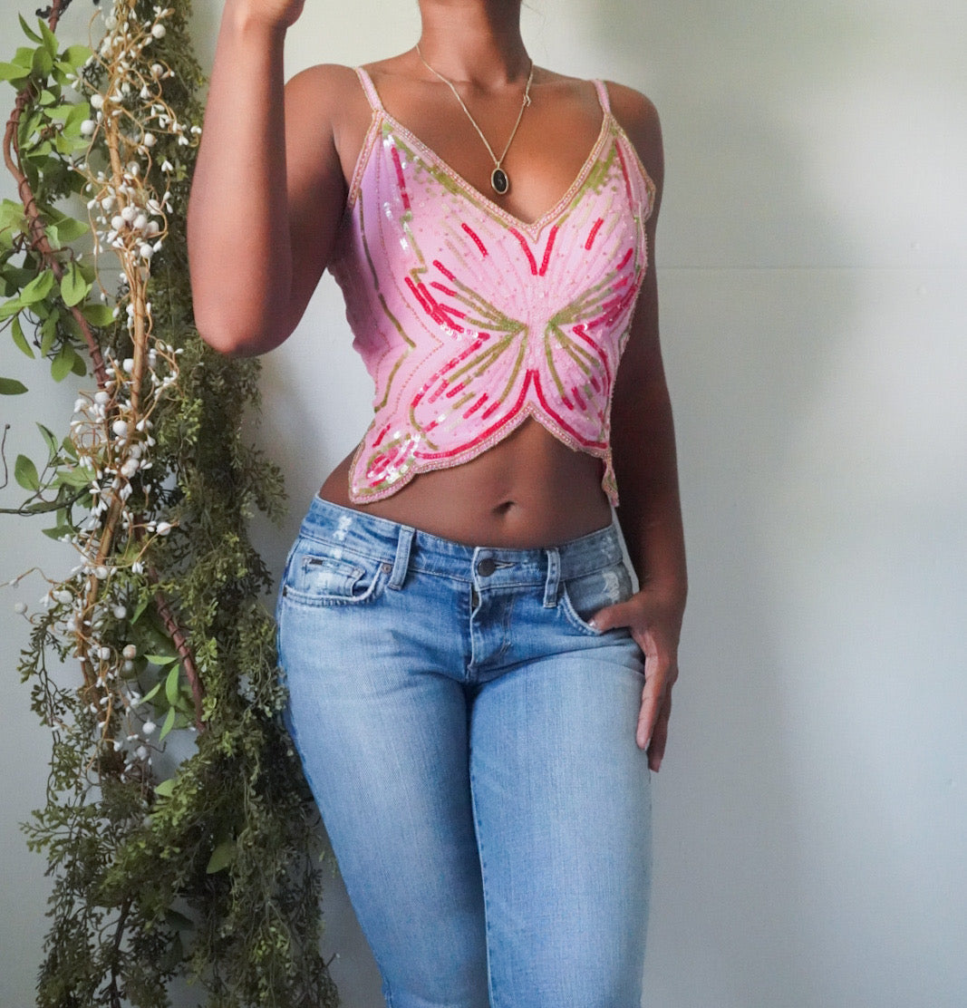 Rare beaded silk butterfly cropped top