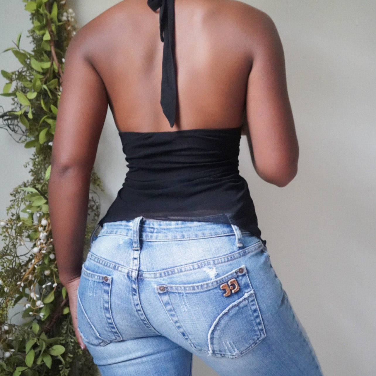 Double Mesh Black Boho Halter Top