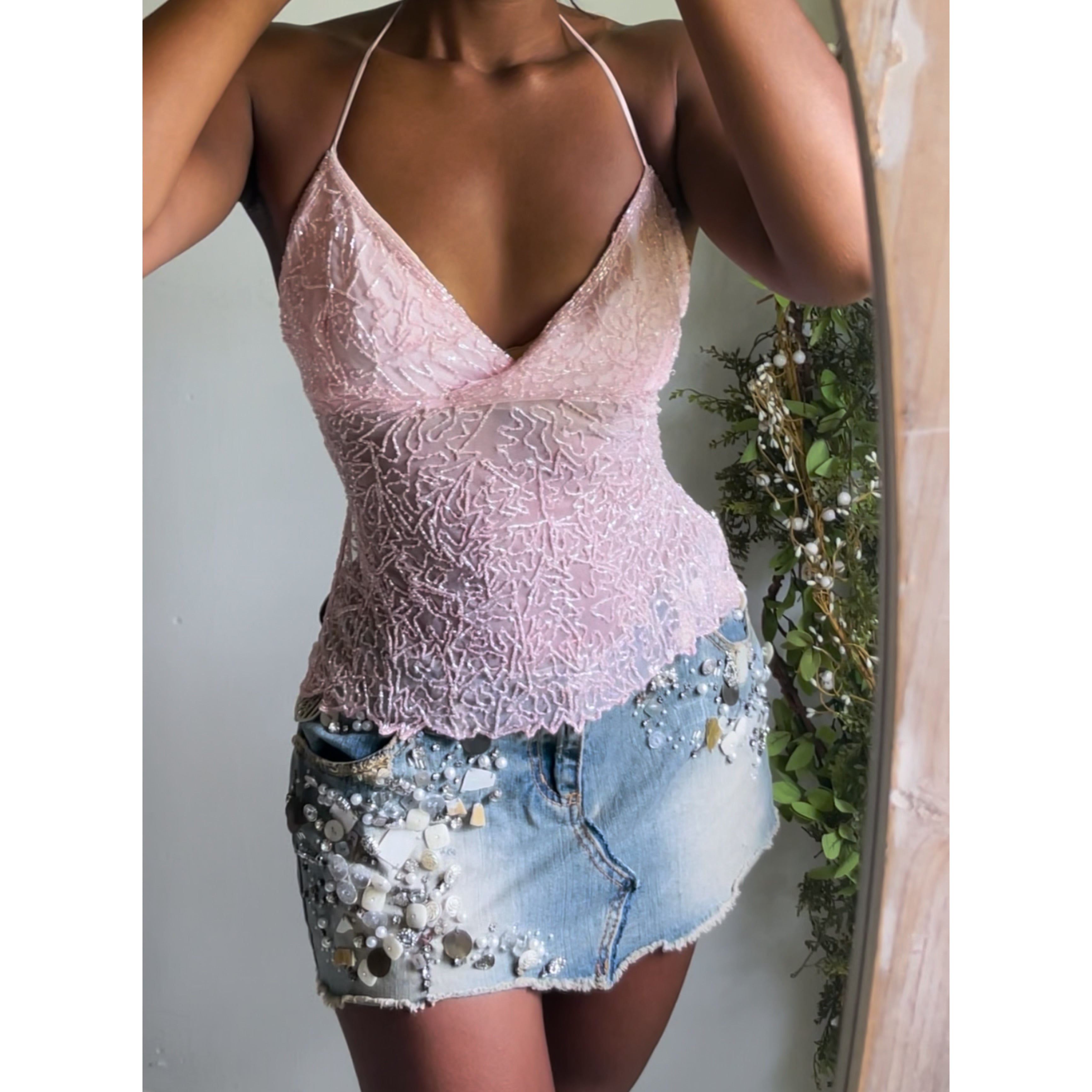 Y2K Pastel Pink Beaded Halter Tie Back Top