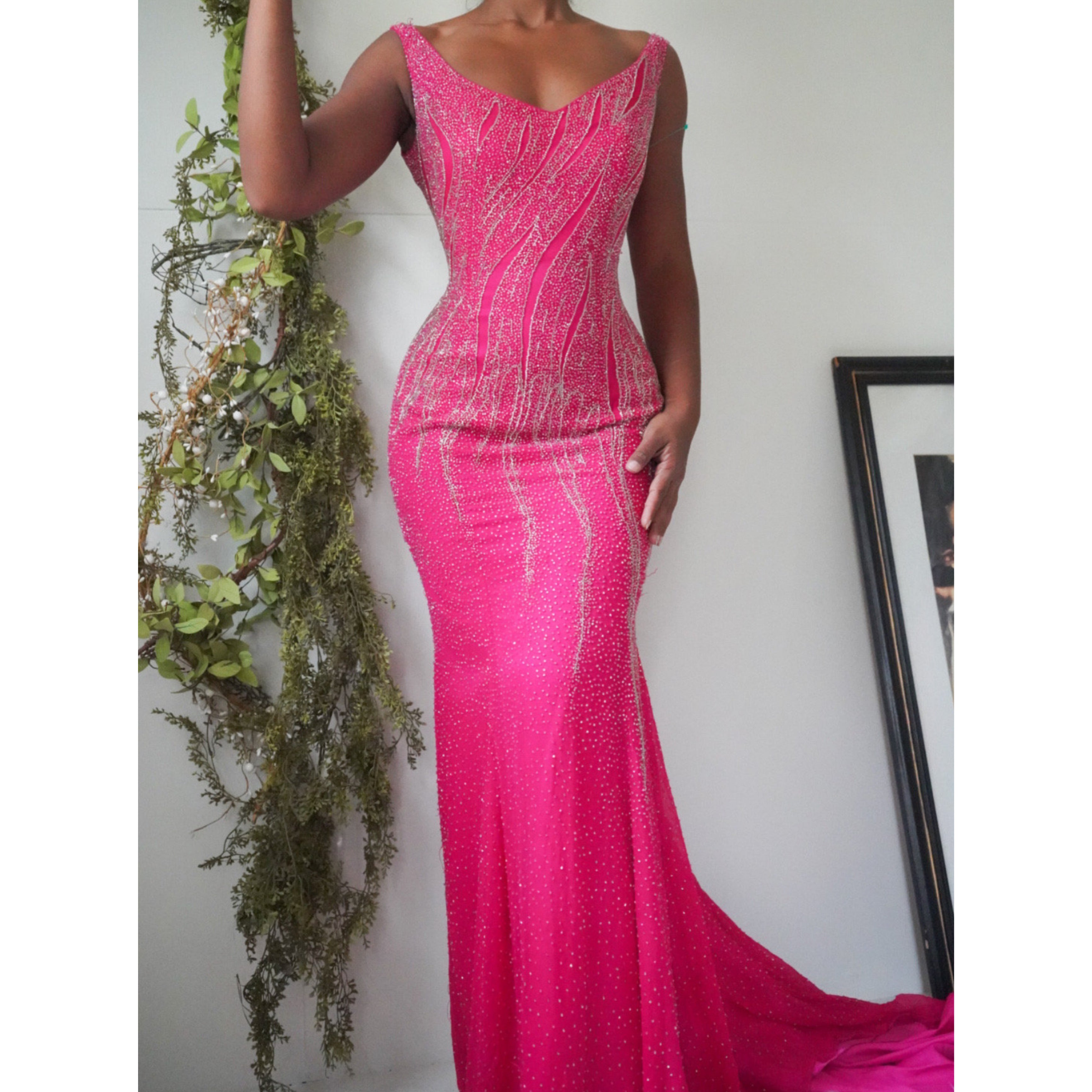 Bright Pink Silk Beaded Gown