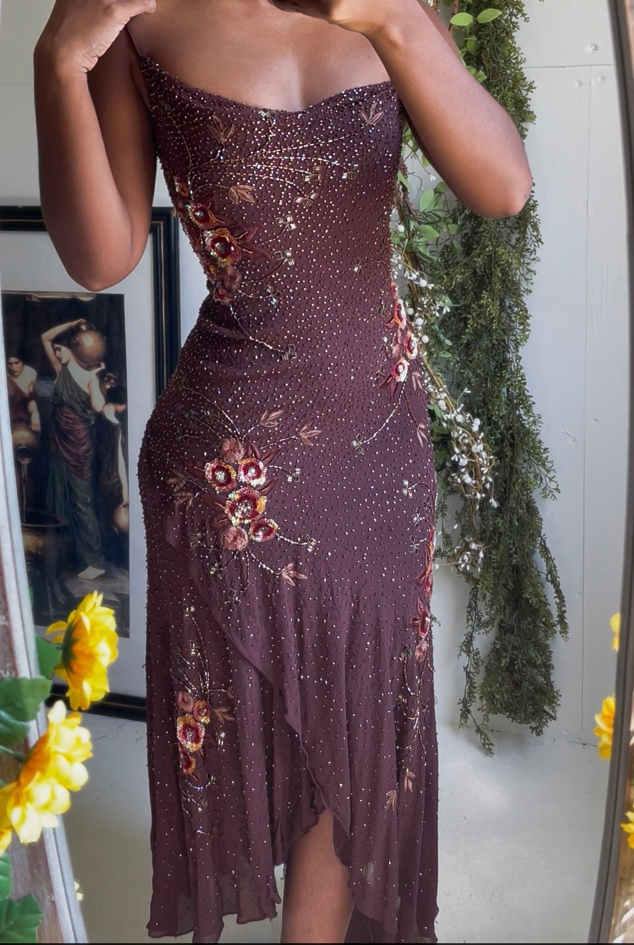 Chocolate Silk Beaded Sue Wong Dress