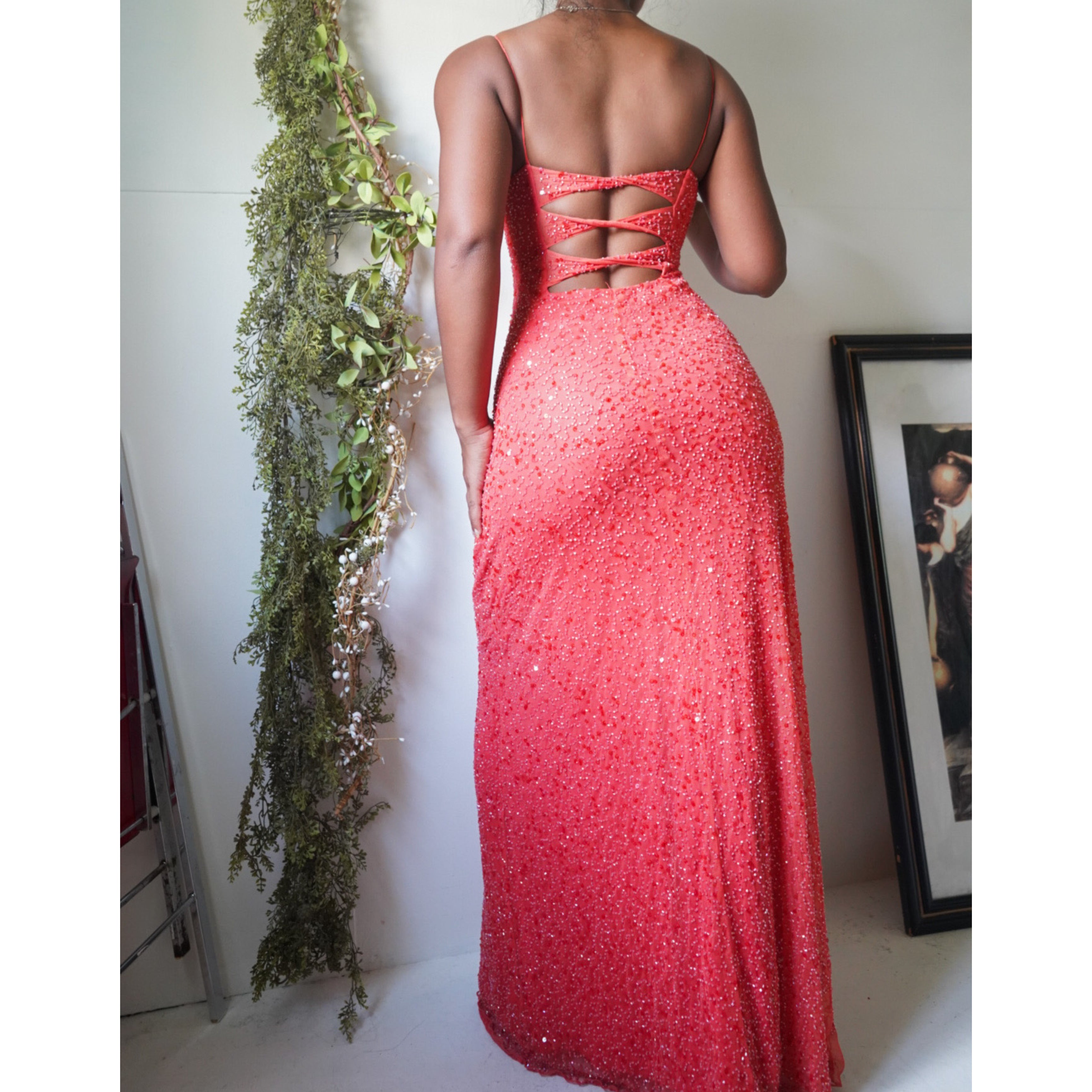 Coral Beaded Mesh Gown