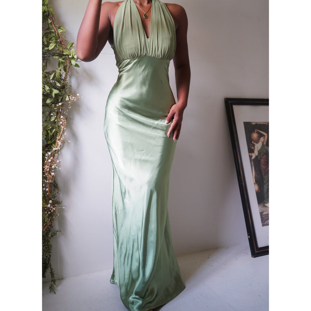 Sage Green Satin Halter Gown