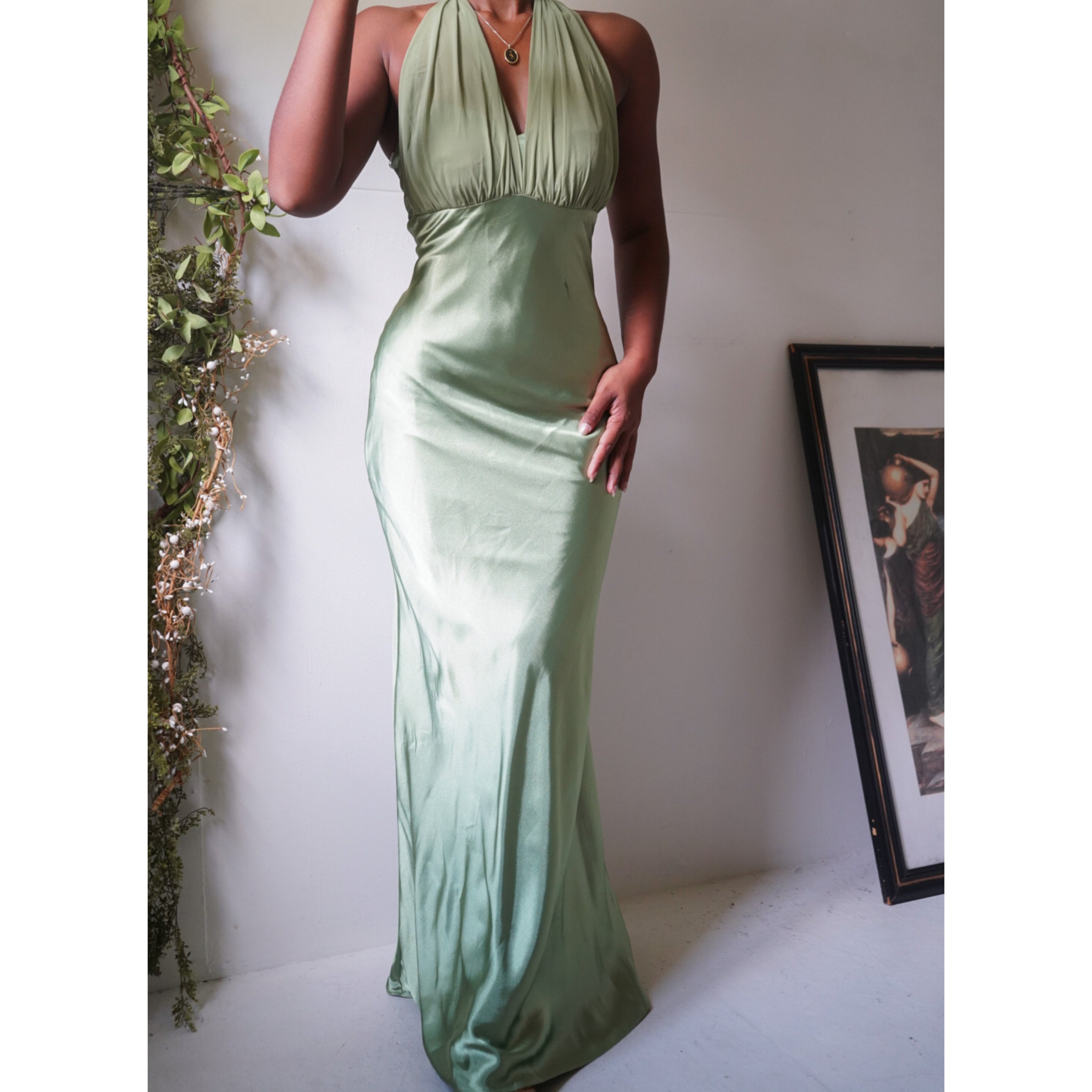Sage Green Satin Halter Gown