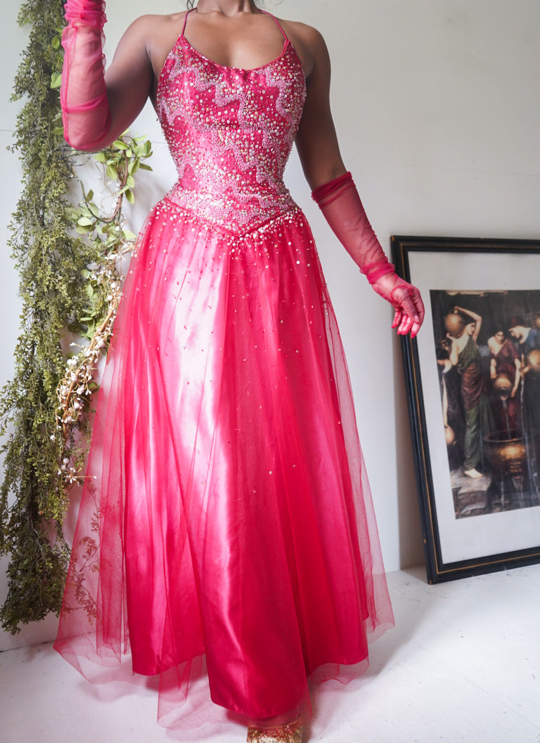 Red Beaded Corset Gown
