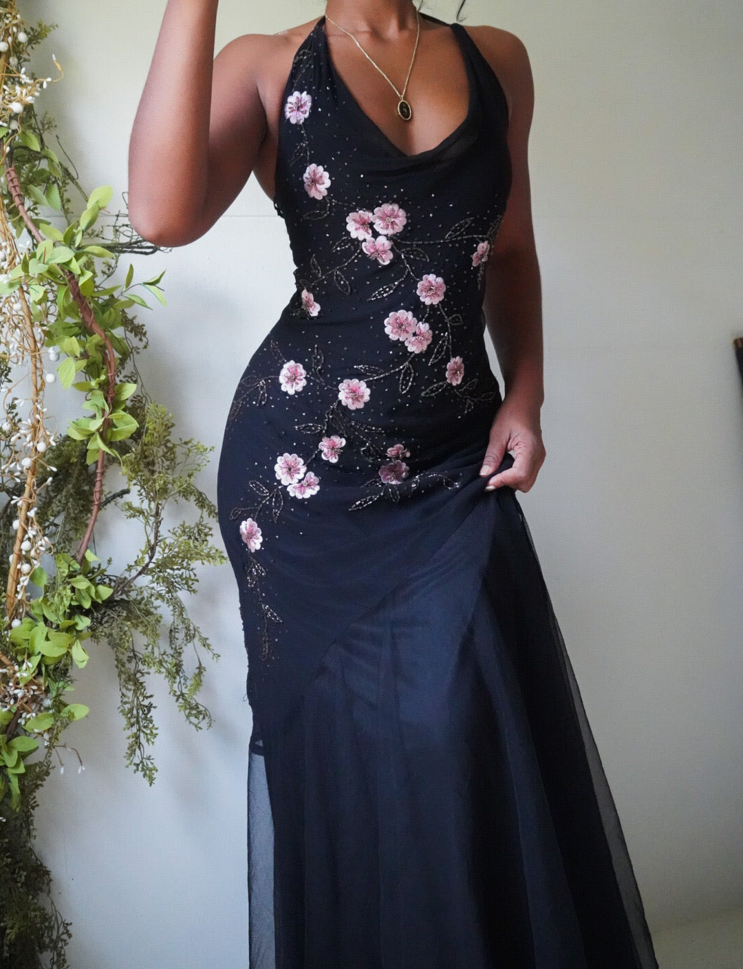 Embroidered Beaded Silk Halter Gown